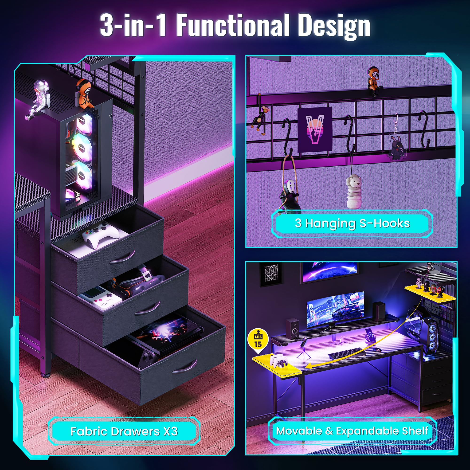 61.7" Gaming Desk with LED Lights and Outlets