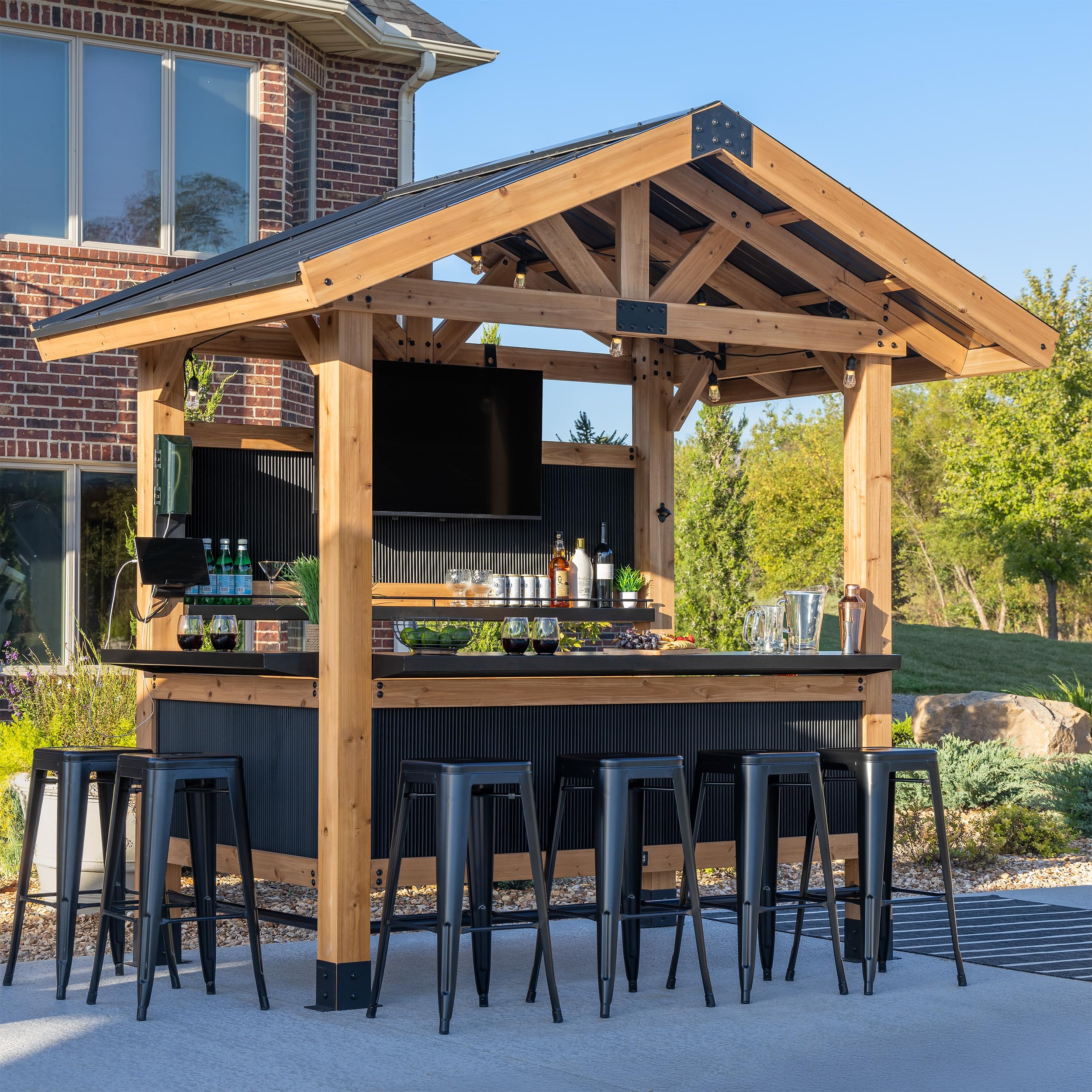Palisade Cedar Wood Outdoor Bar Set with Galvanized Steel Roof