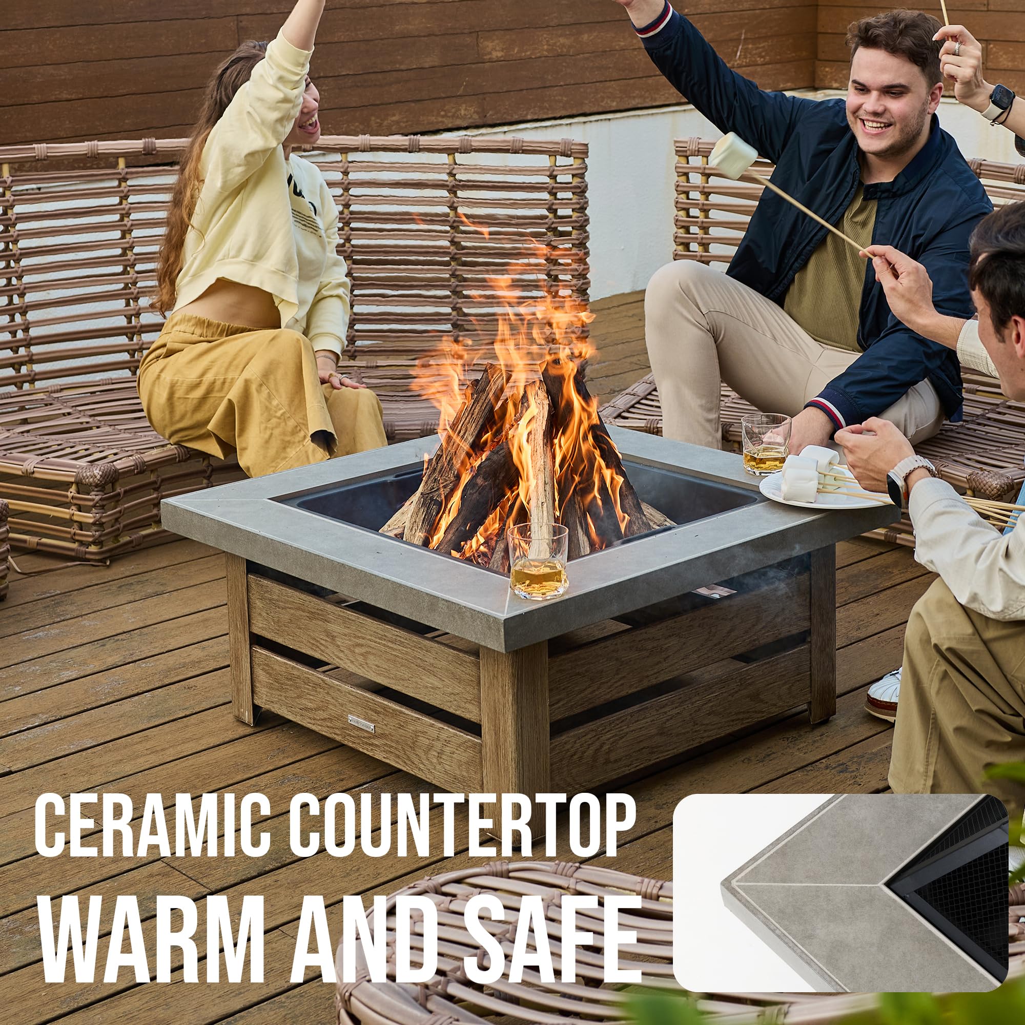 Square Wood Burning Fire Pit with Wood-Grain Panels