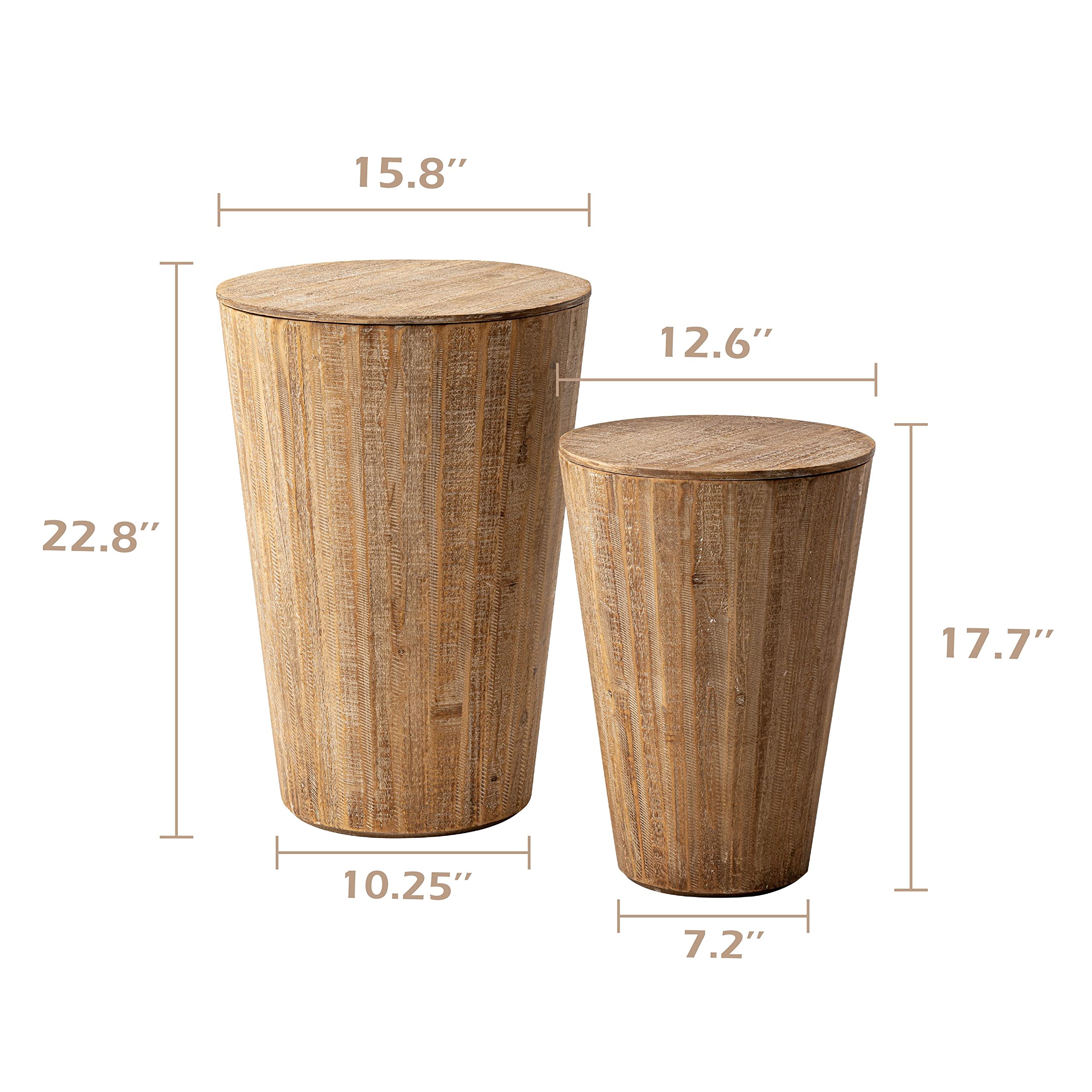 COZAYH Round End Table Set of 2, Farmhouse Nesting Side Table, Rustic Barrel Table Space Saving Storage with One Removable Lid for Living Room, Bedroom, Dining Room, Natural Distressed Finish
