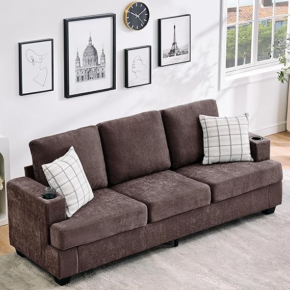 Modern 89" 3-Seater Chenille Sofa with Cup Holders