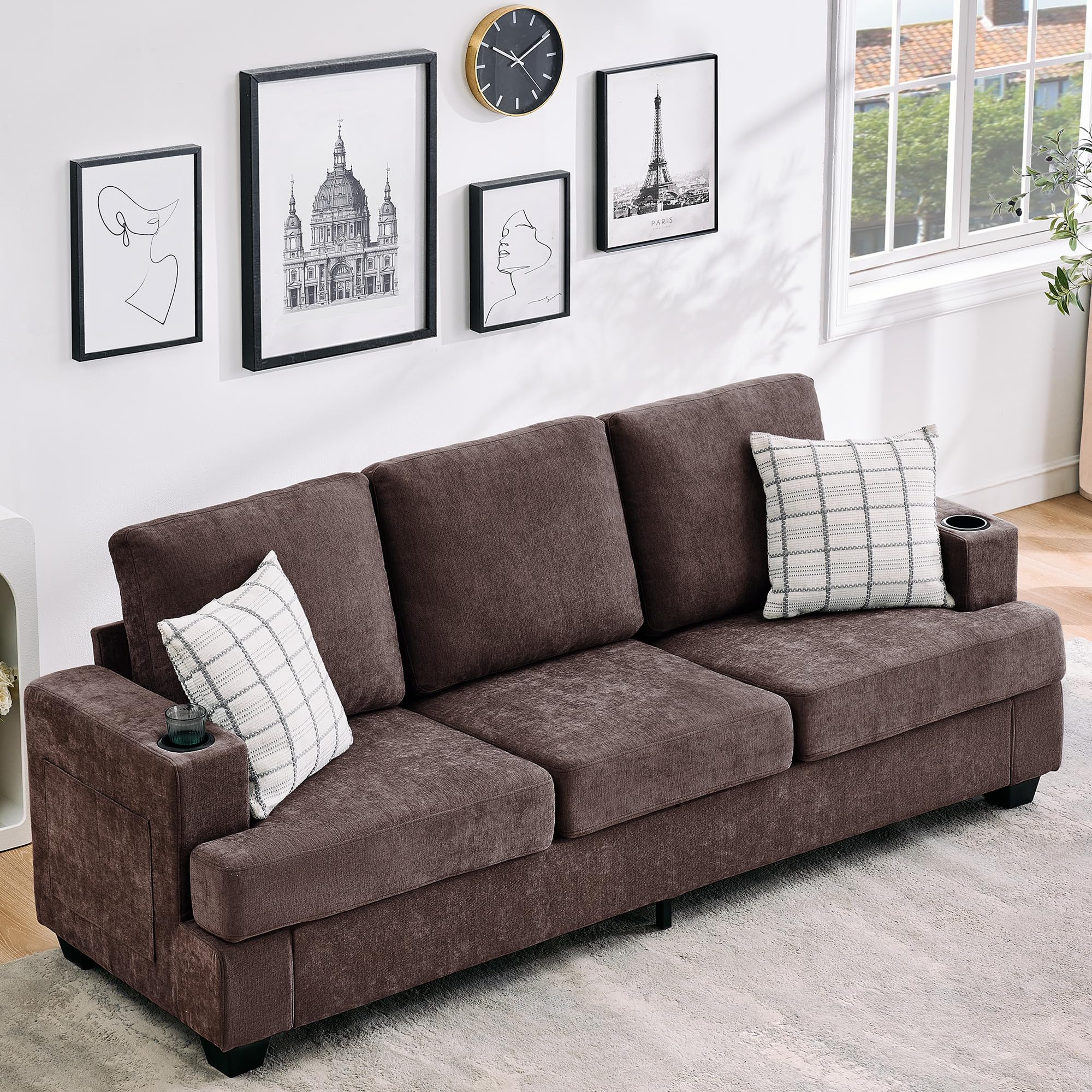 89-Inch 3-Seater Chenille Sofa with Cup Holders