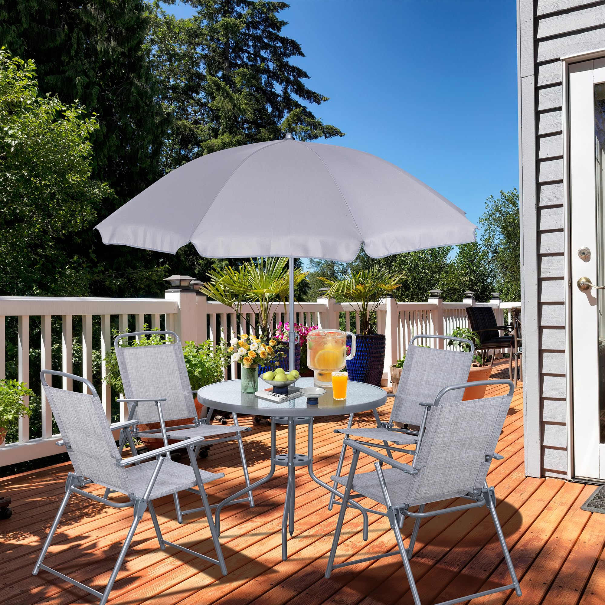 Vongrasig 6 Pieces Folding Patio Dining Set, All Weather Small Metal Outdoor Table and Chair Set, Garden Patio Furniture Set w/Umbrella, Glass Table & 4 Folding Chairs for Lawn, Backyard, Silver