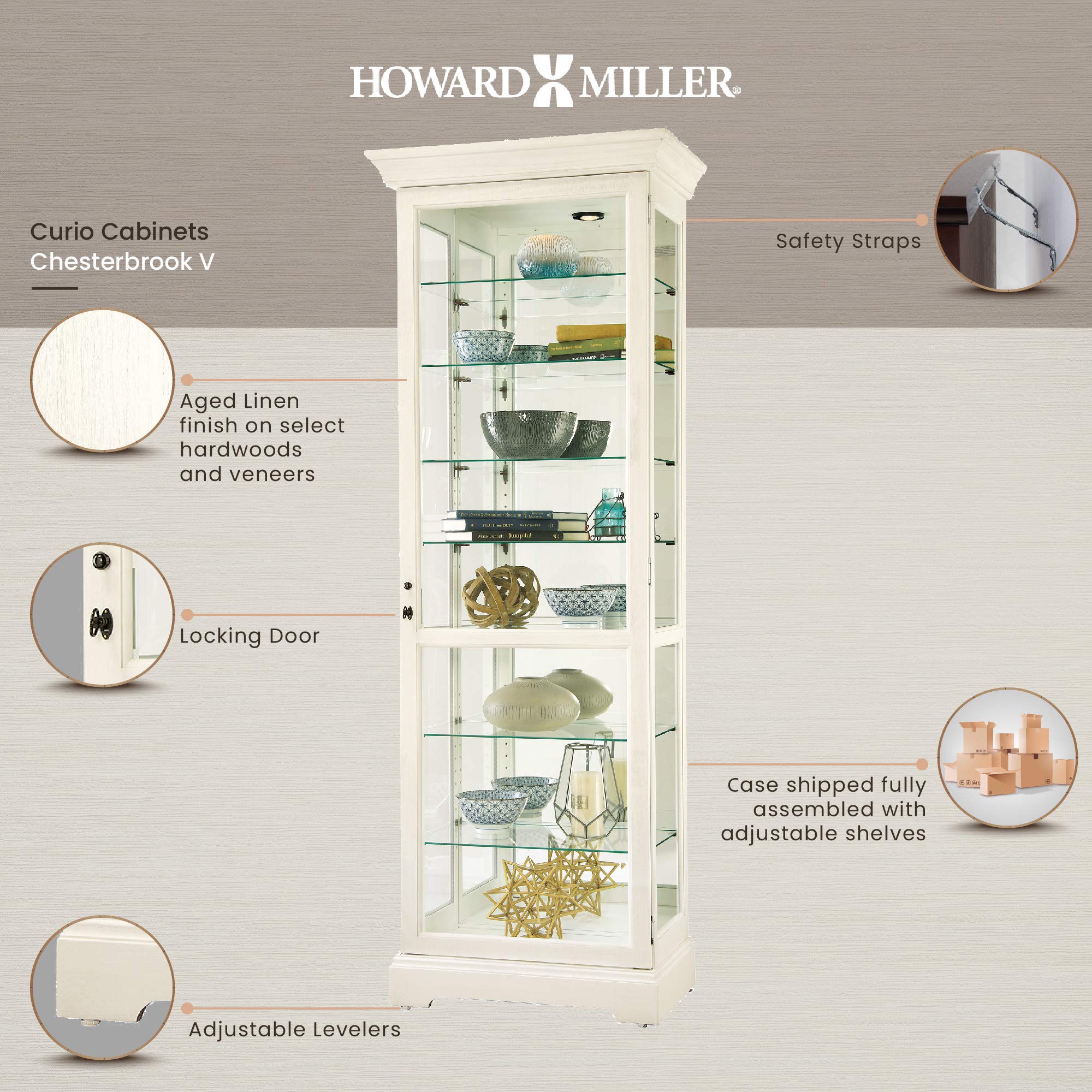 Chesterbrook V Curio Cabinet - Lighted White Display with Adjustable Glass Shelves