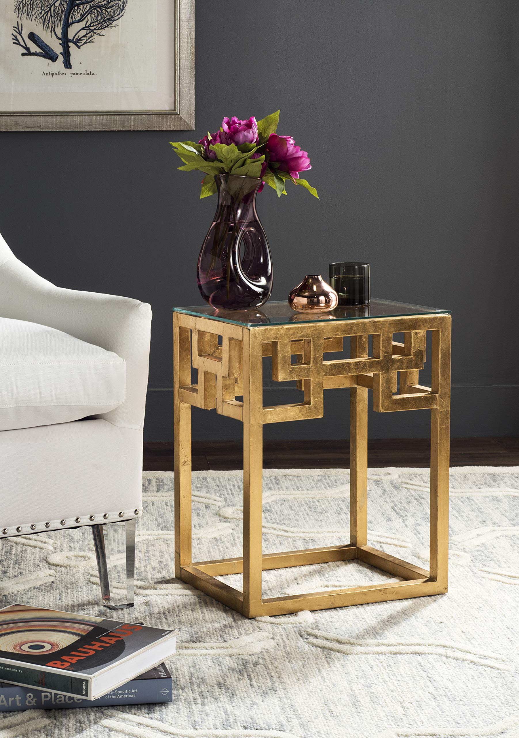 Greek Key Antique Gold Glass Top End Table