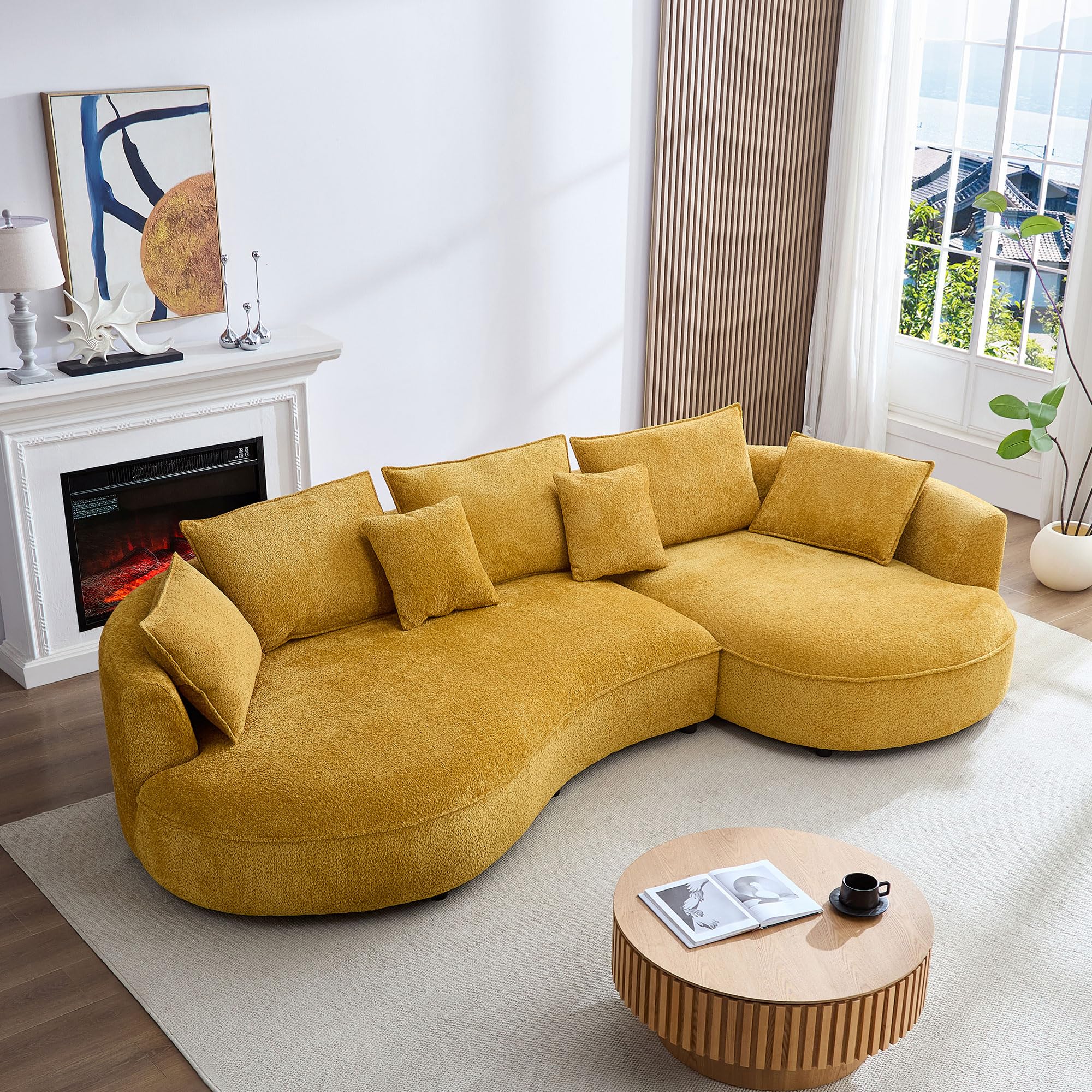 KEIKI 125" Luxury Curved Boucle Sectional Sofa with Right Chaise, Upholstered Modern Style Oversized 5-Seater Couch with Thickened Seat Cushions, Easy Assembly, for Apartment, Living Room, Yellow