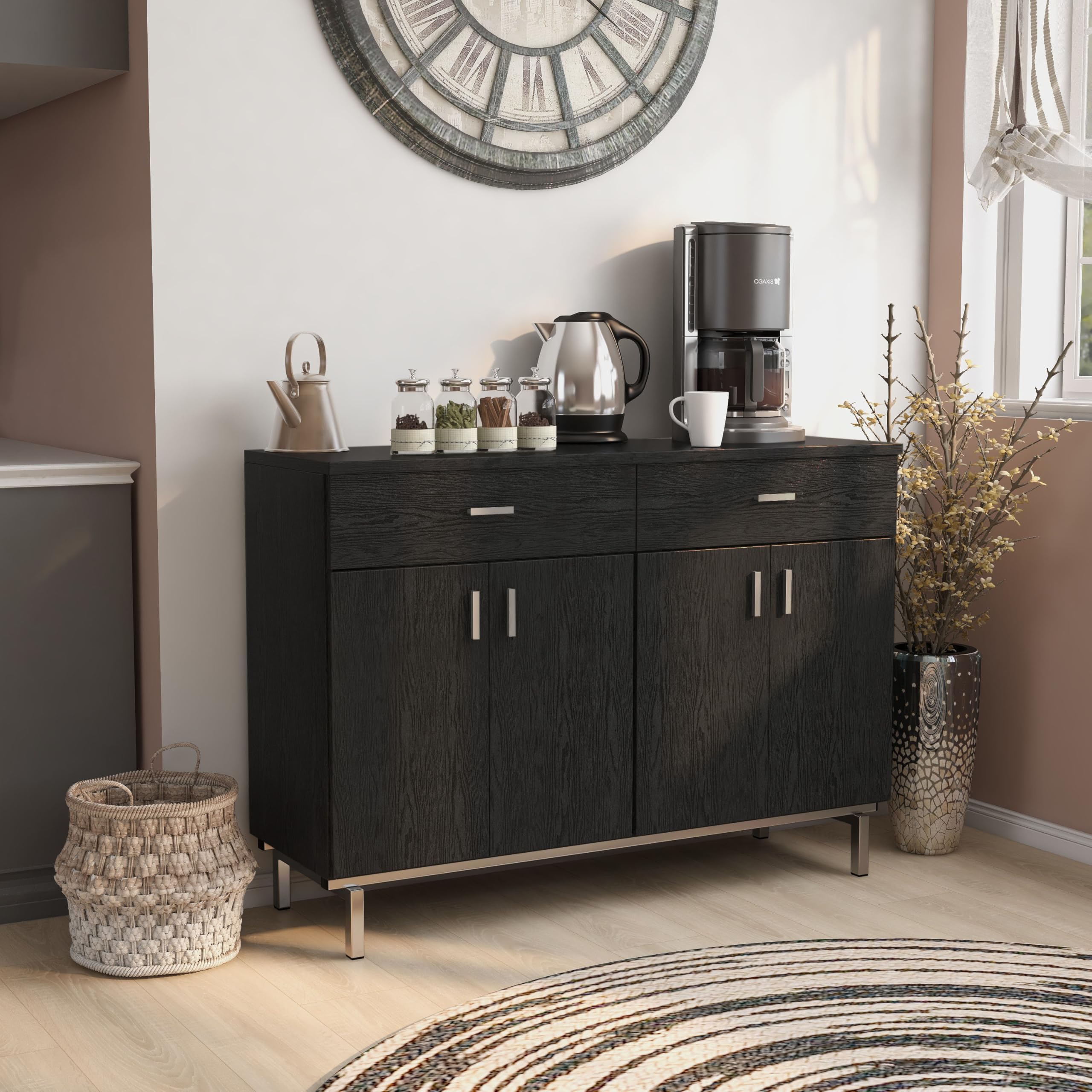 Modern Black Buffet Server with Wine Rack