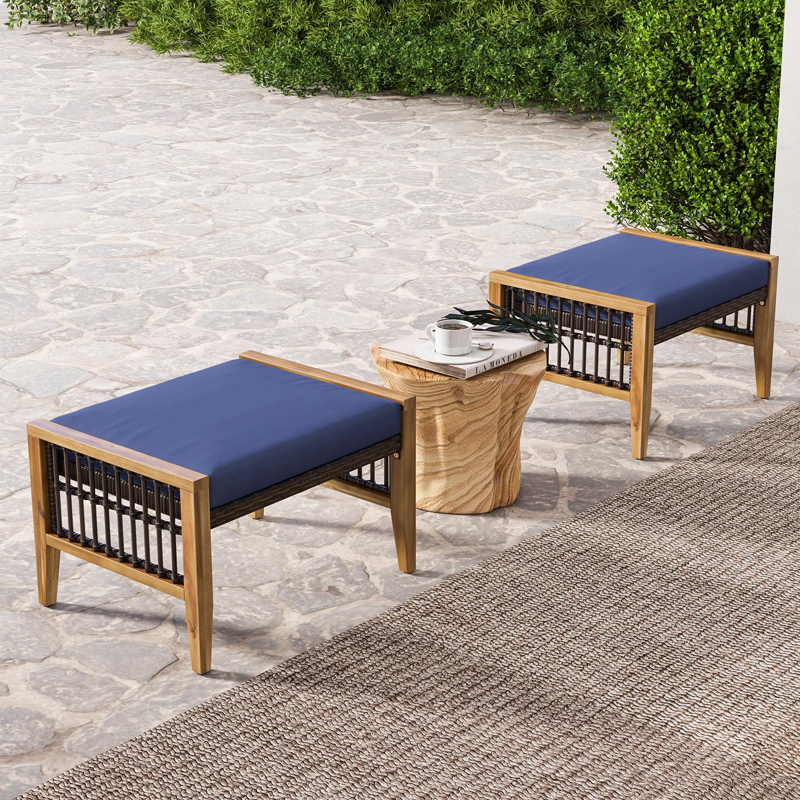 2-Piece Outdoor Patio Ottomans with Removable Cushions