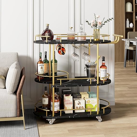 3-Tier Bar Cart with Wine Rack and Wheels