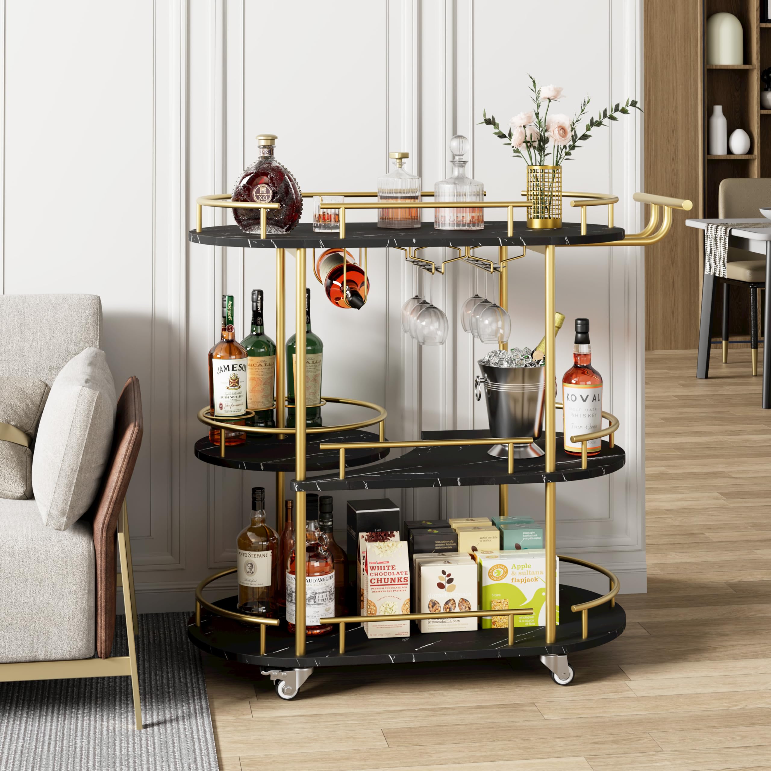 3-Tier Bar Cart with Wine Rack and Wheels