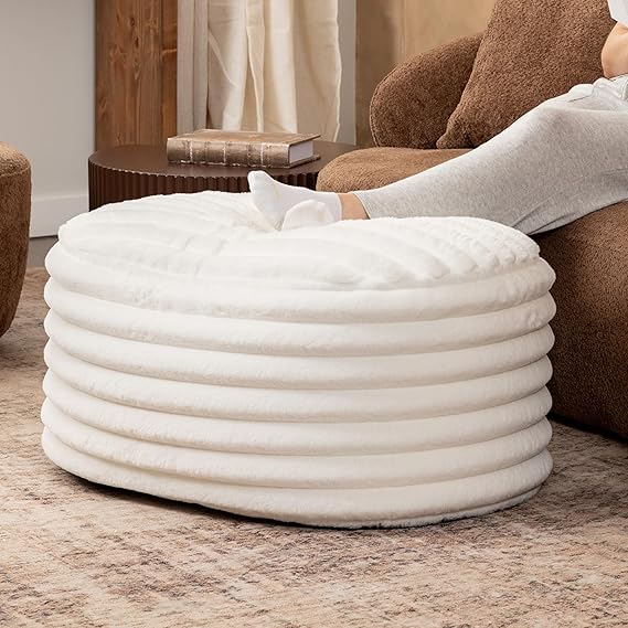 Faux Fur Accent Pouf Ottoman - Large Midnight Blue