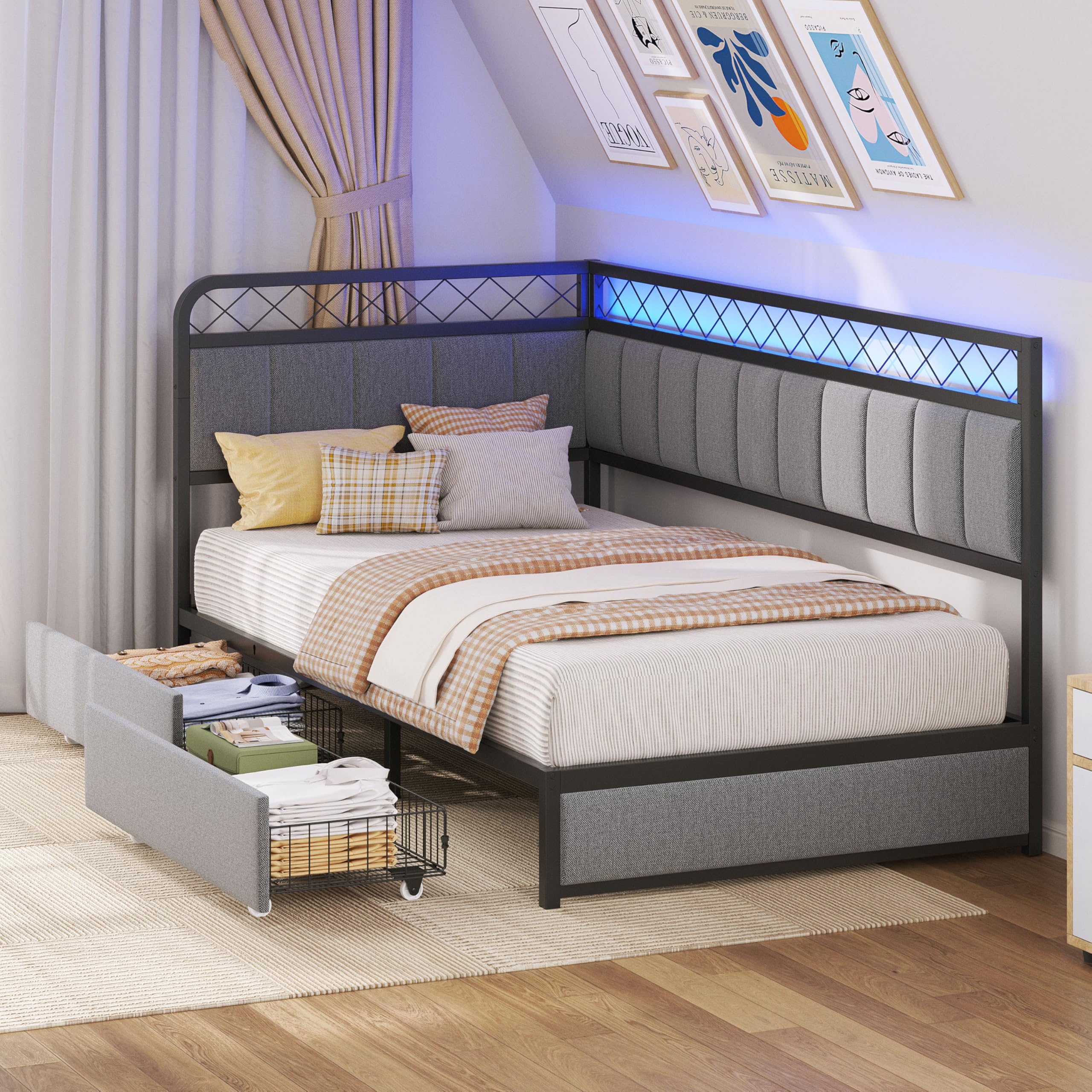 Twin Daybed with Storage Drawers and LED Charging Station