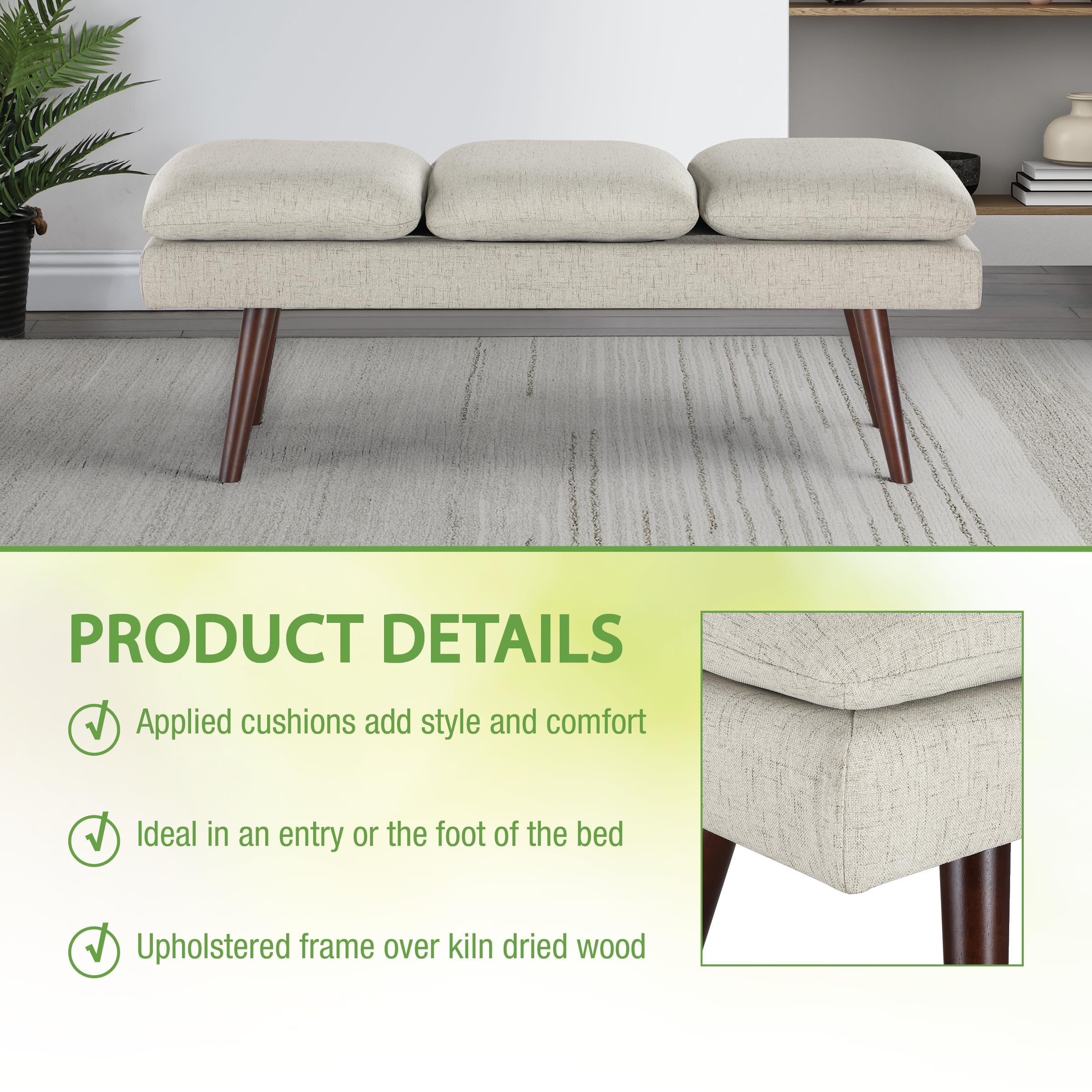 Amanda Mid-Century Modern Upholstered Bench 54-Inch Linen