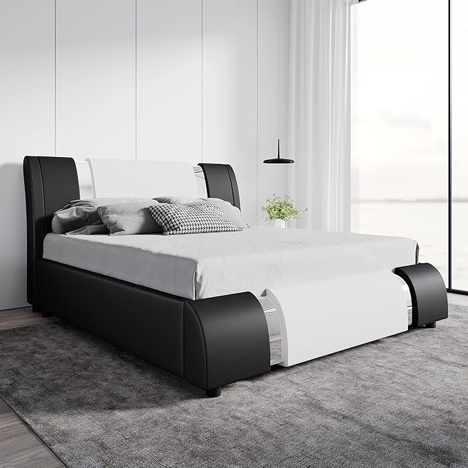 Modern Faux Leather Queen Bed Frame with Adjustable Headboard