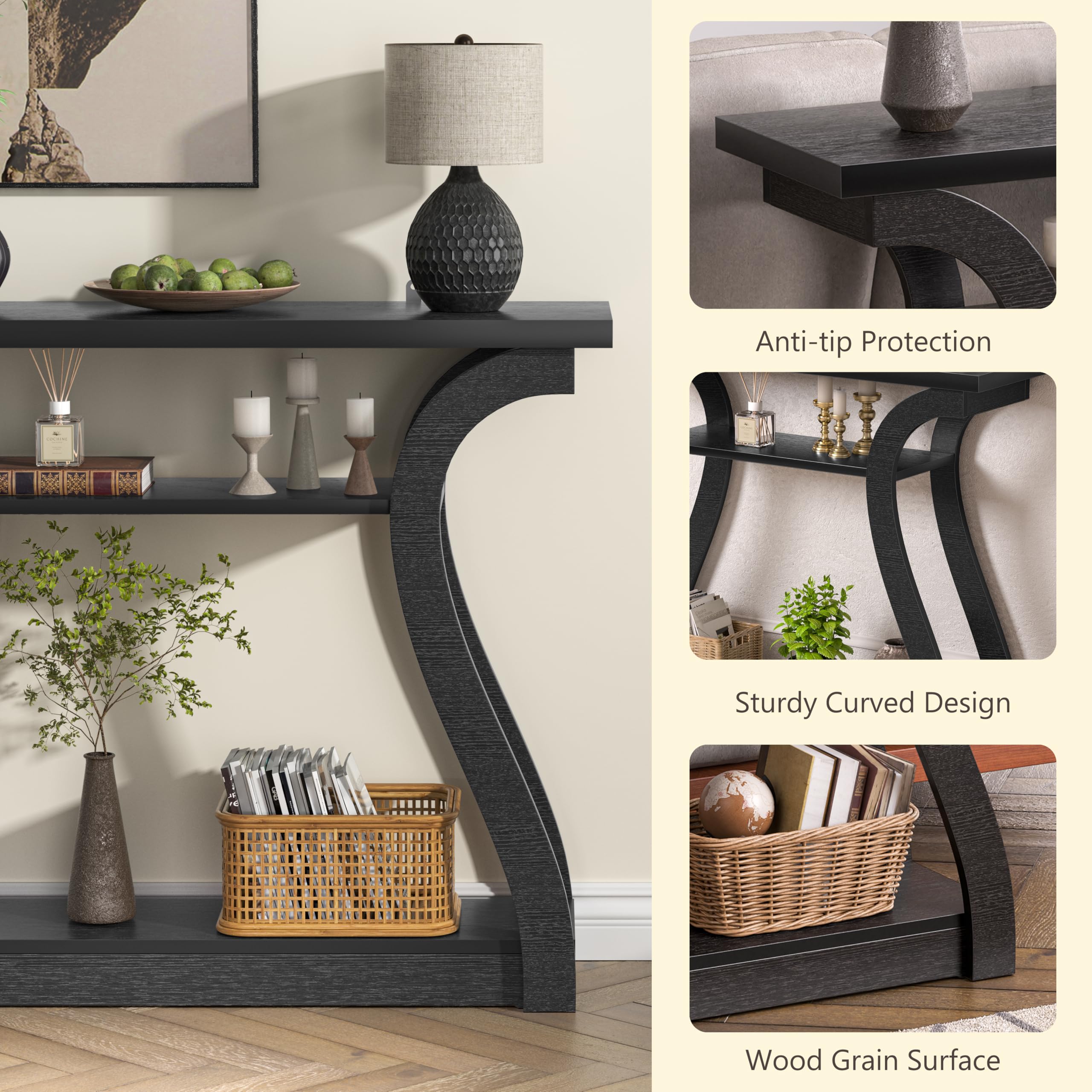 Wooden Console Table with Curved Legs - 3-Tier Modern Accent Sofa Table