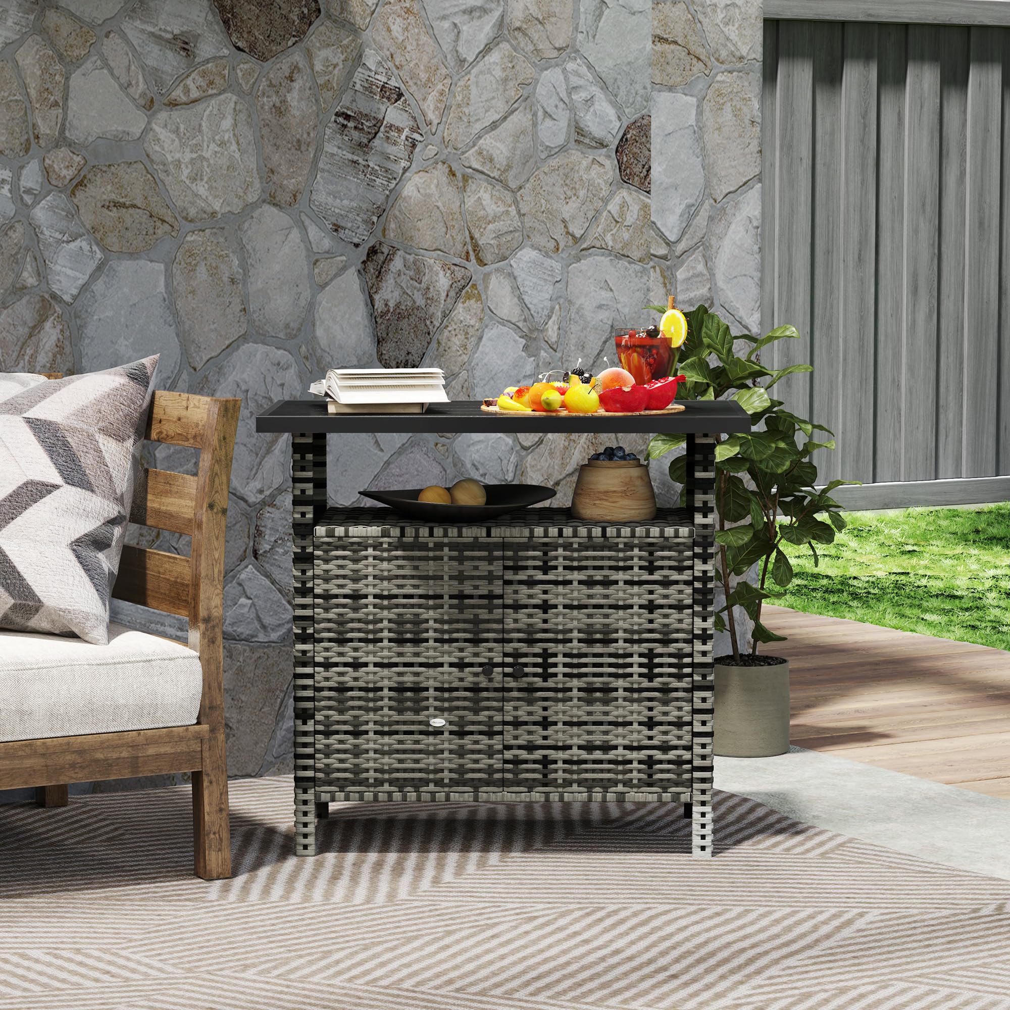 Wicker Outdoor Storage Cabinet with Metal Countertop