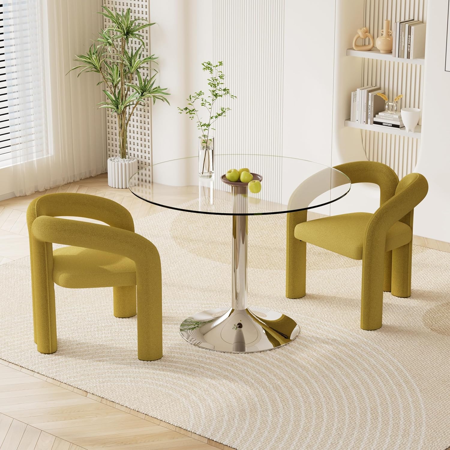 3 Piece Round Glass Dining Set with Velvet Chairs