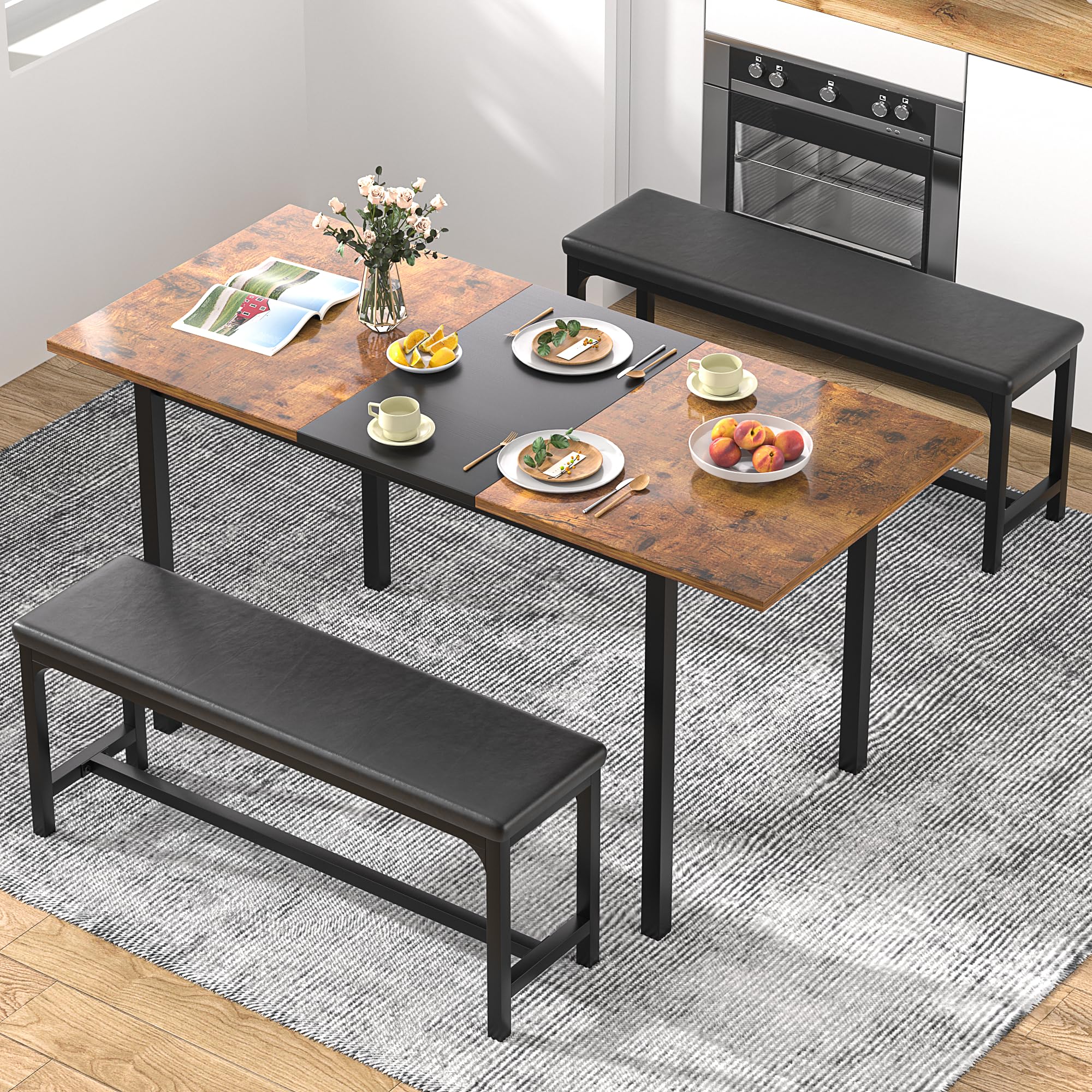 Extendable Dining Table Set with Benches