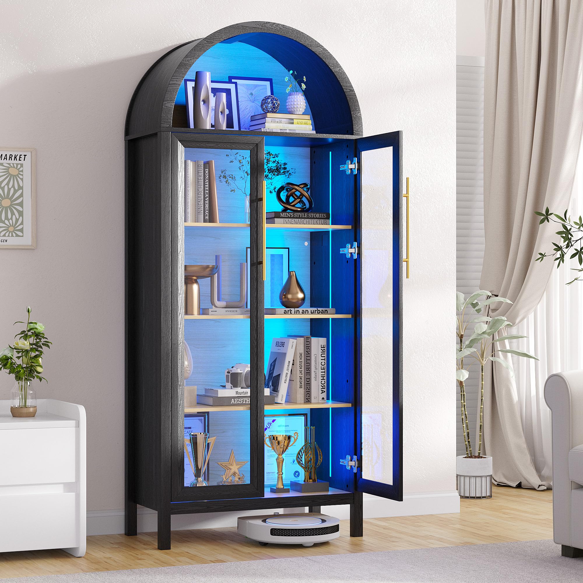 Display Curio Cabinet with Glass Doors - 5-Tier Arched Bookcase with LED Lights