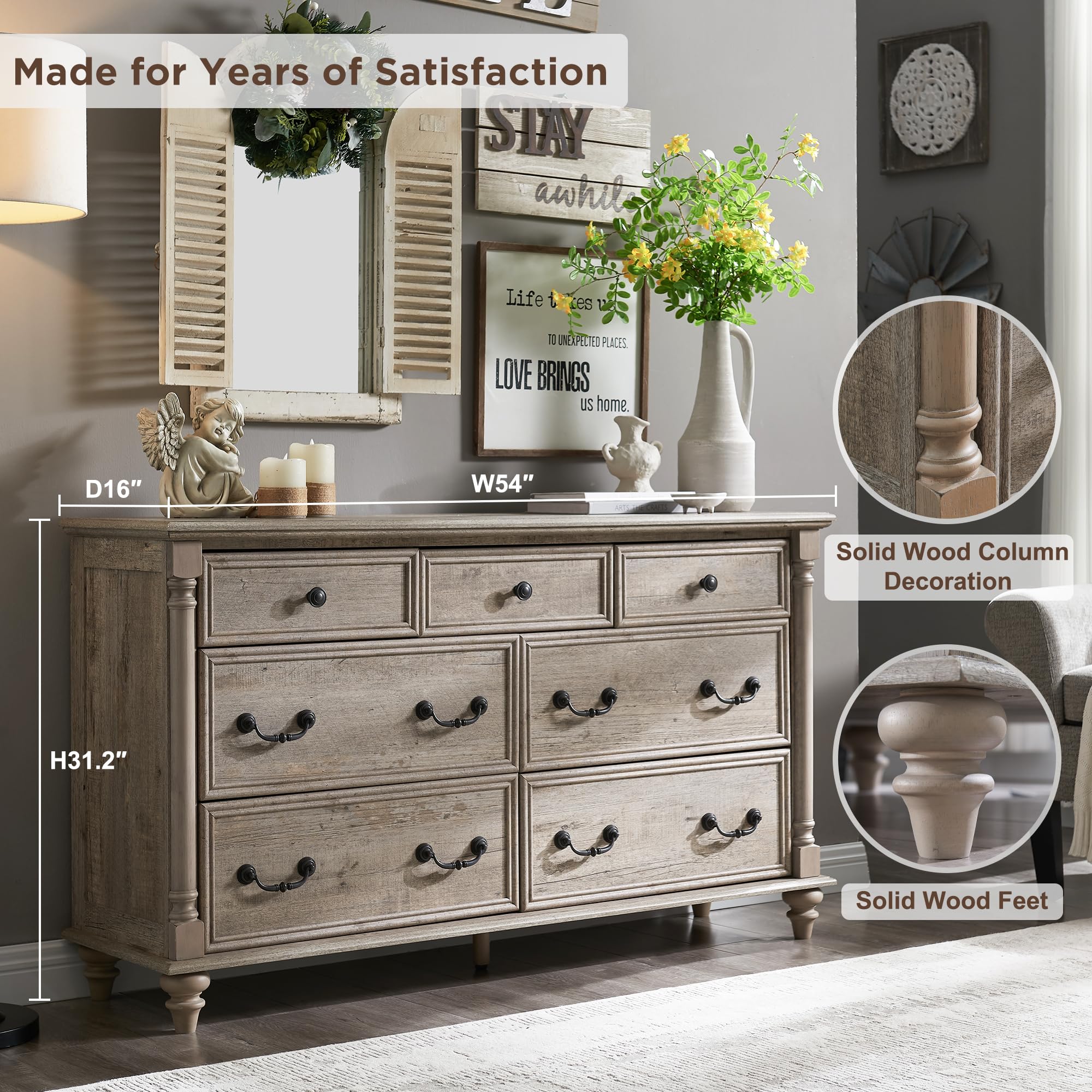 7-Drawer Farmhouse Dresser with Solid Wood Feet