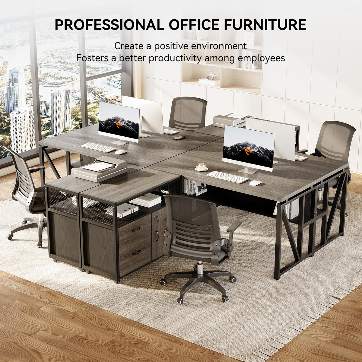 55" L-Shaped Executive Desk with Lateral File Cabinet