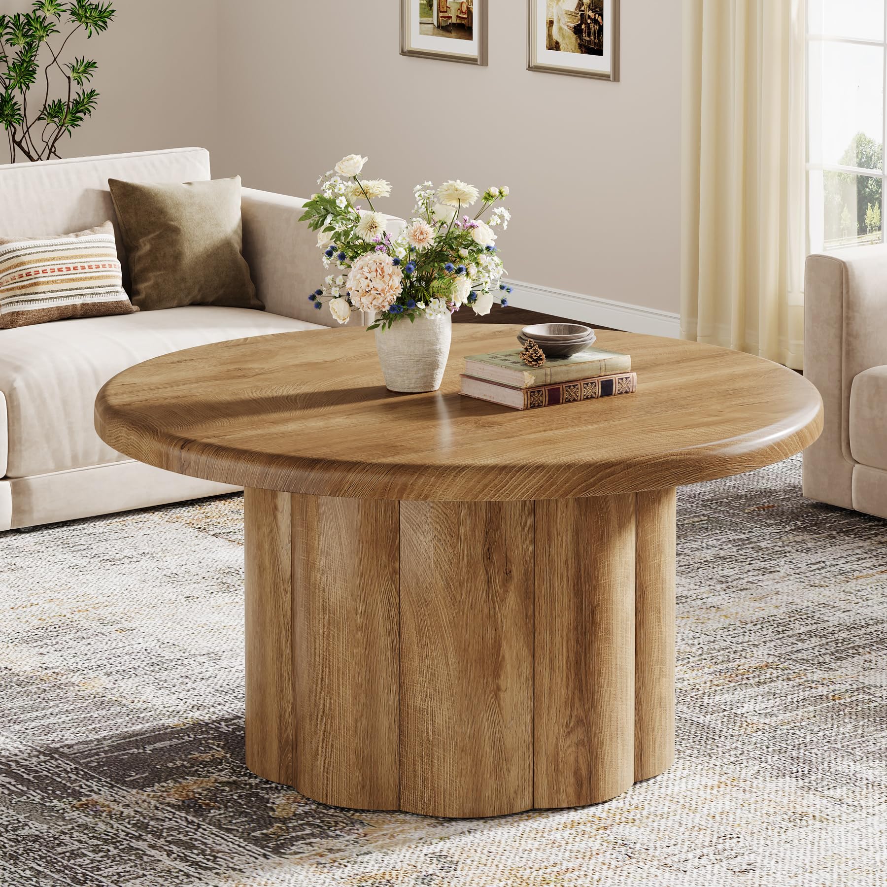 Round Coffee Table with Fluted Drum Base