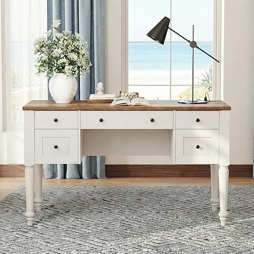 Farmhouse Executive Desk with 5 Drawers and Charging Station