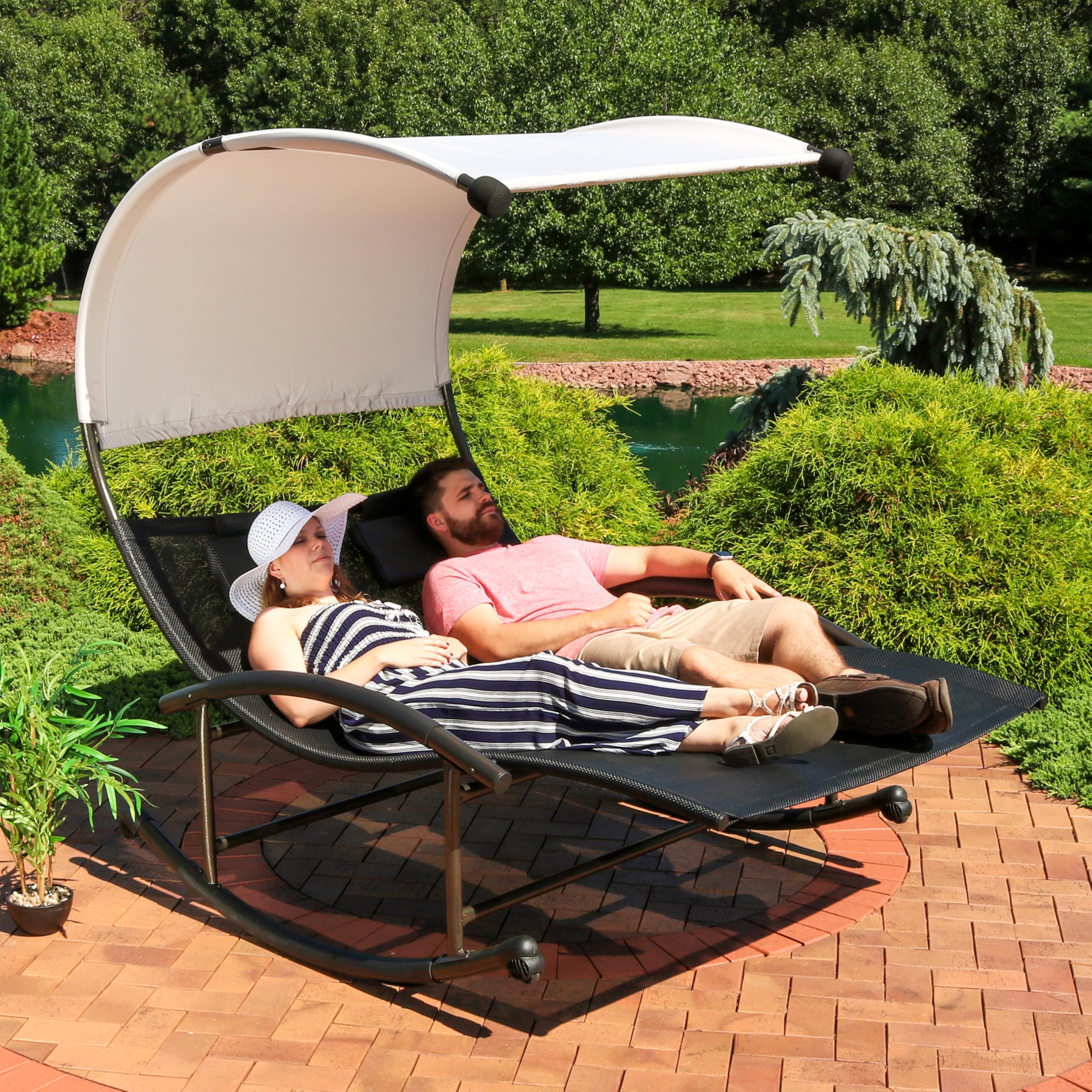 Outdoor Double Chaise Rocking Lounge Chair with Canopy