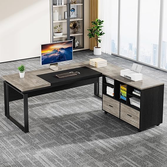 L-Shaped Executive Desk with Reversible File Cabinet 63 Inch
