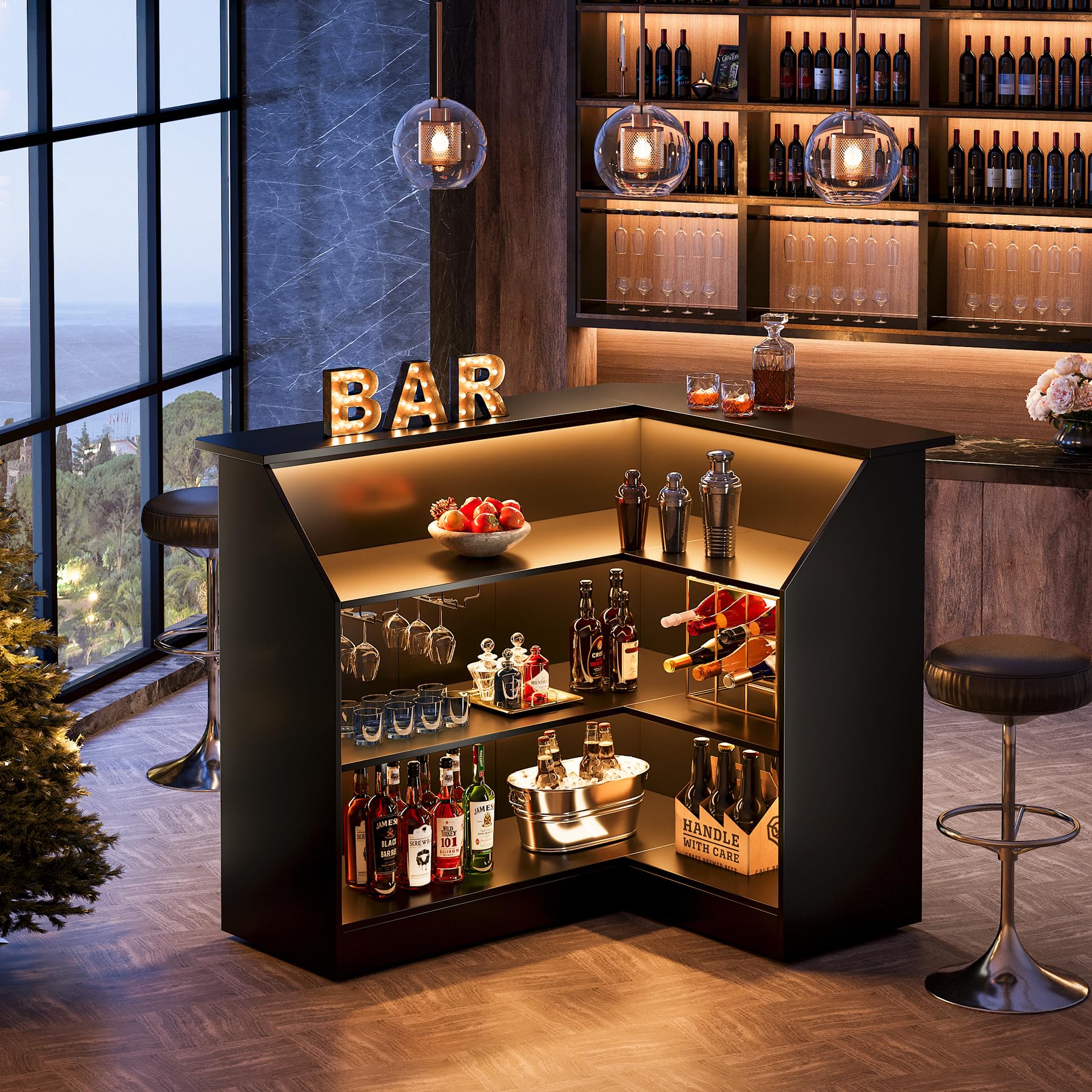 L-Shaped Bar Cabinet with Stemware Racks