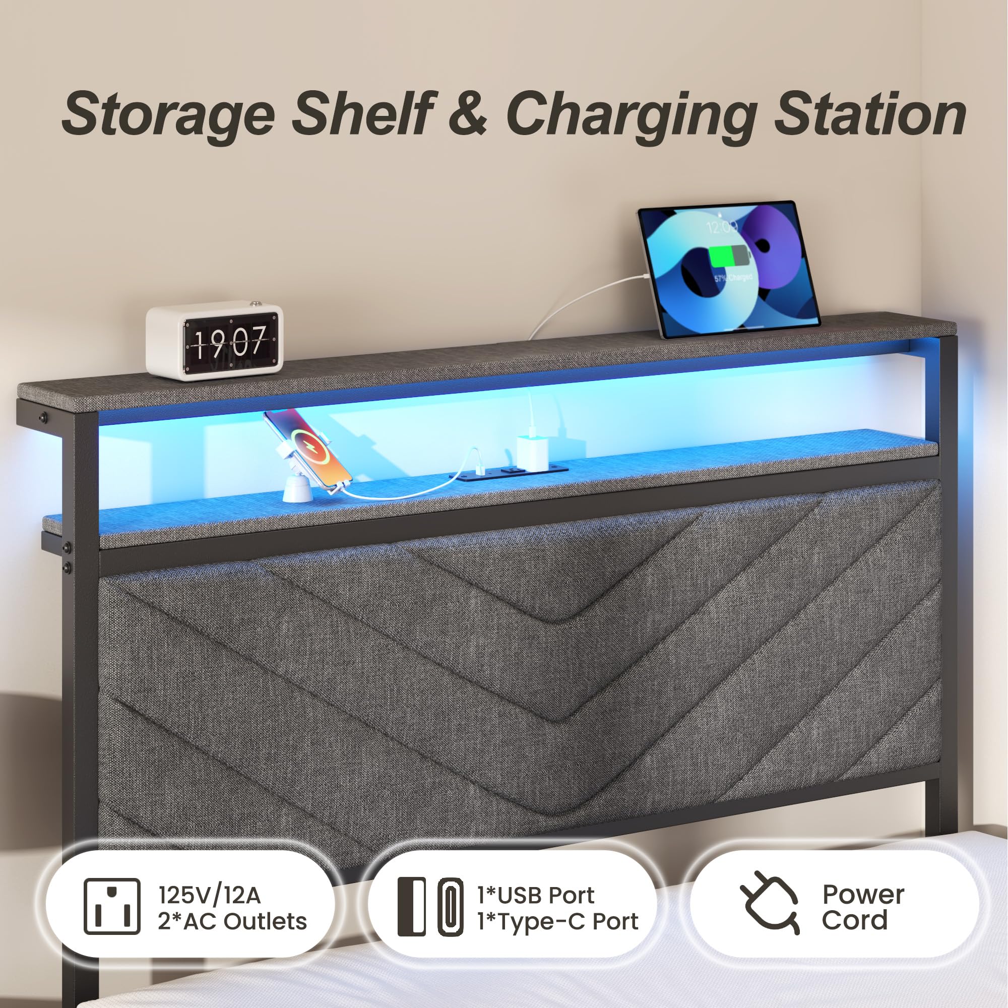 Twin Bed Frame with Charging Station and LED Lights