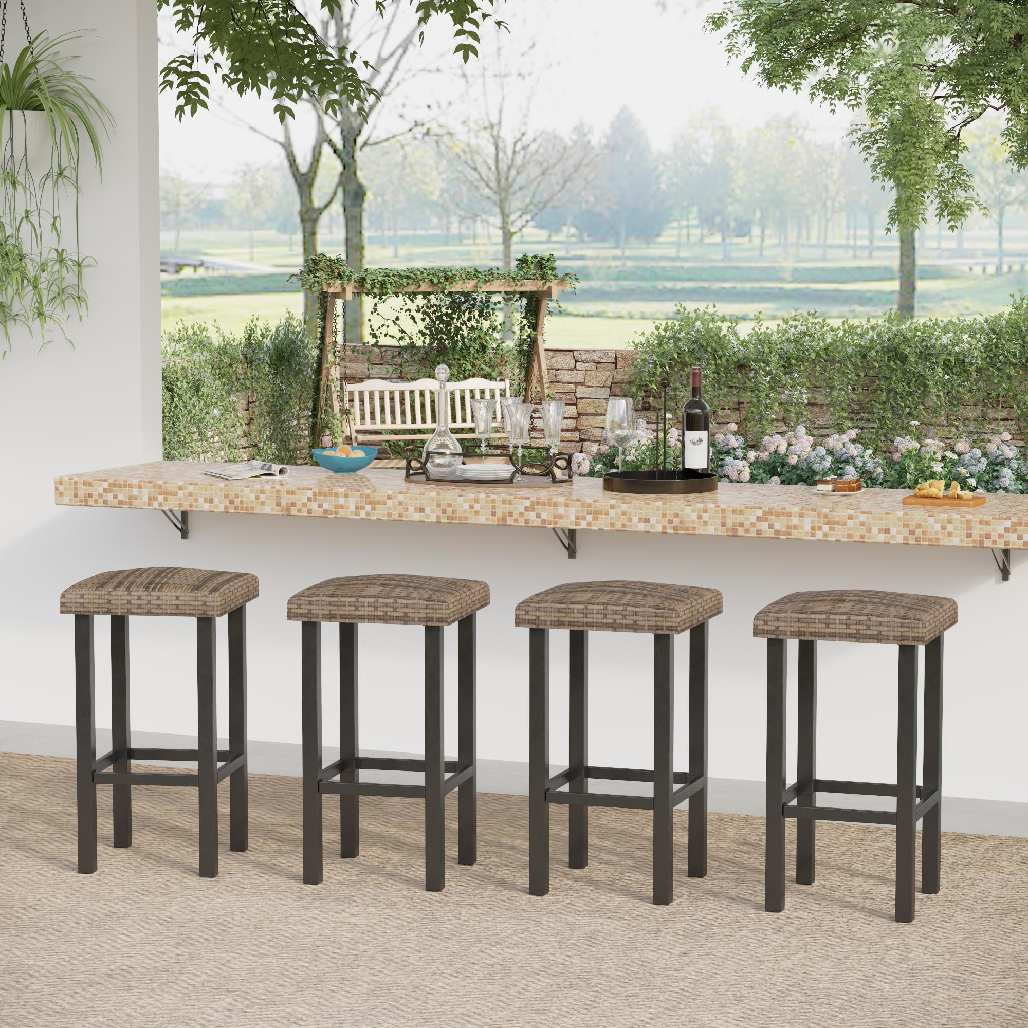 Outdoor Patio Bar Stools Set of 4 Counter Height Backless Rattan Wicker