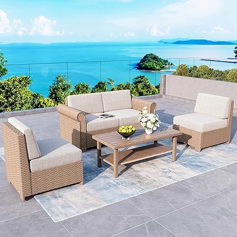 6-Piece Wicker Rattan Sectional Sofa Set with Waterproof Cushions