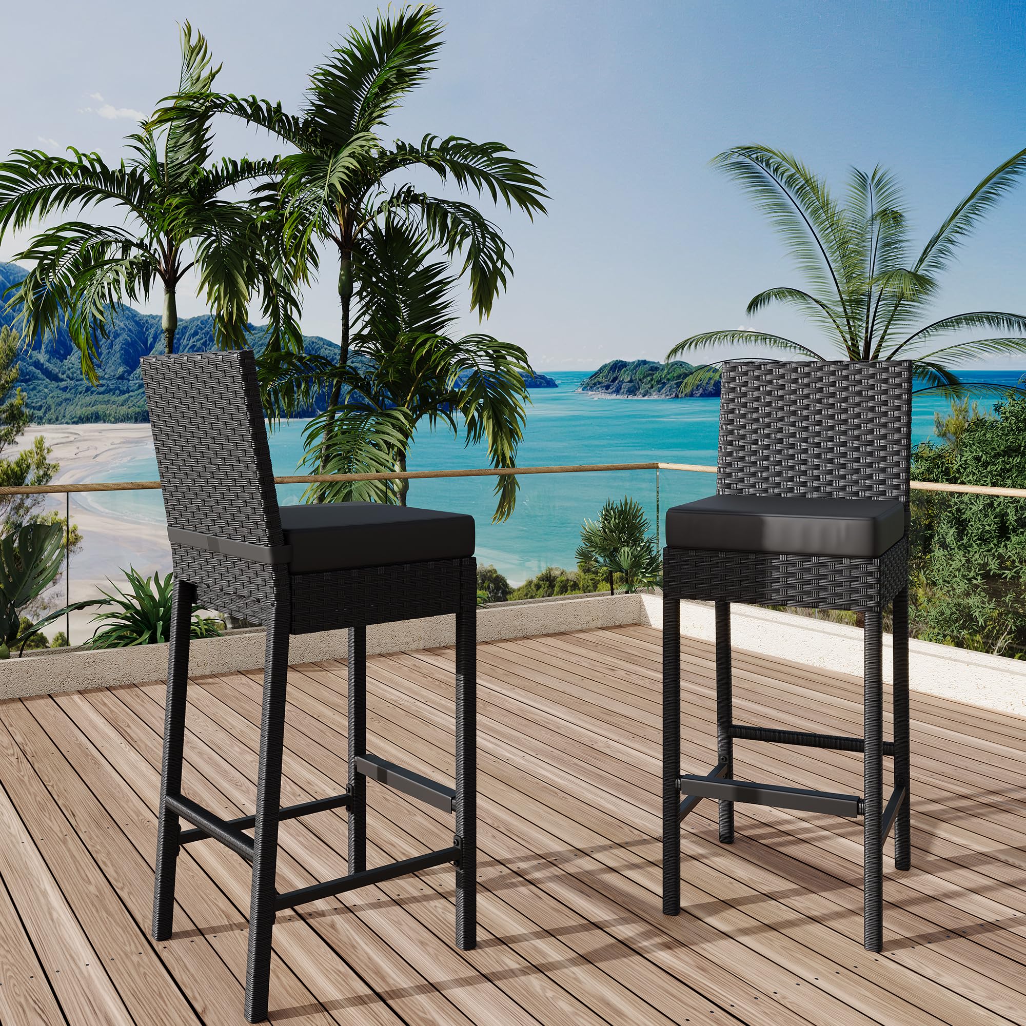 Outdoor Wicker Bar Stools Set of 2 with Cushions