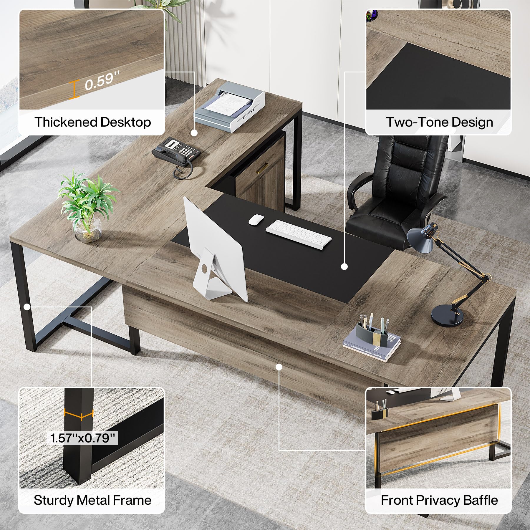 70.8" L-Shaped Executive Desk with Drawer Cabinet