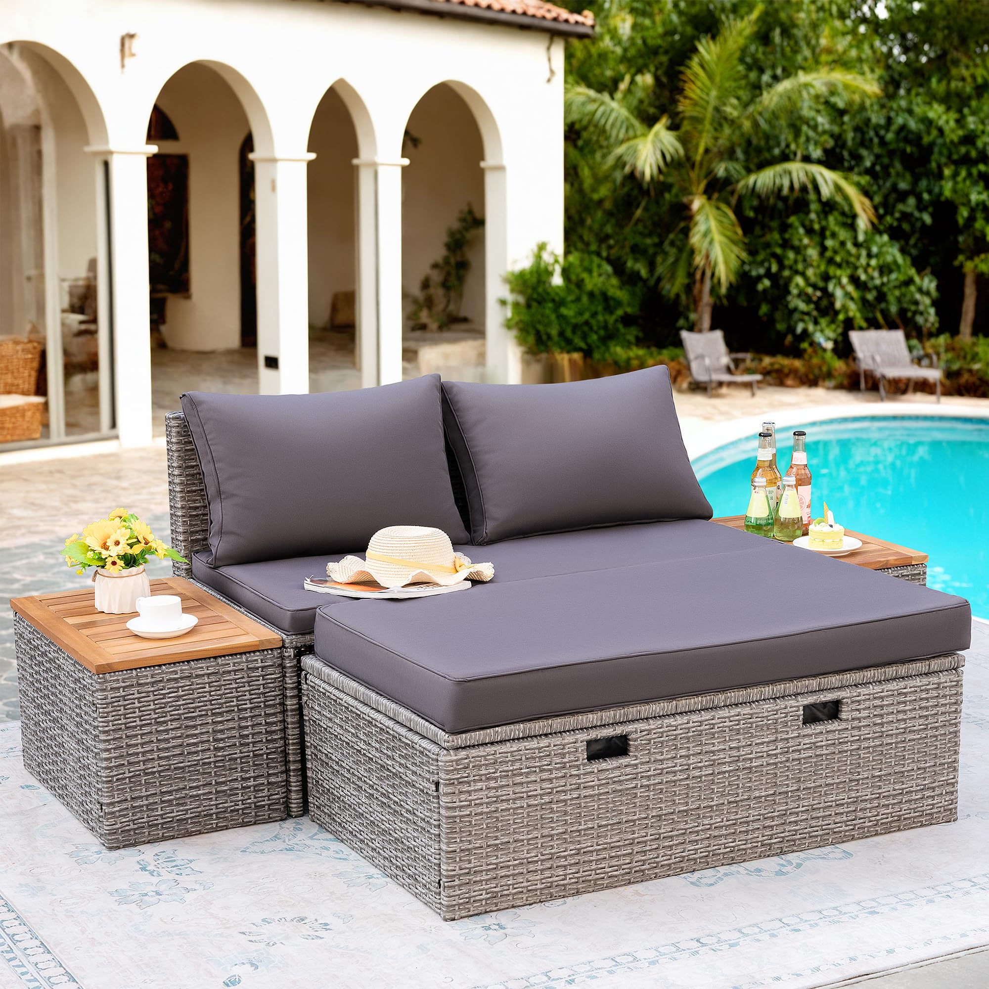 Outdoor Rattan Lounge Chair Set with Side Tables