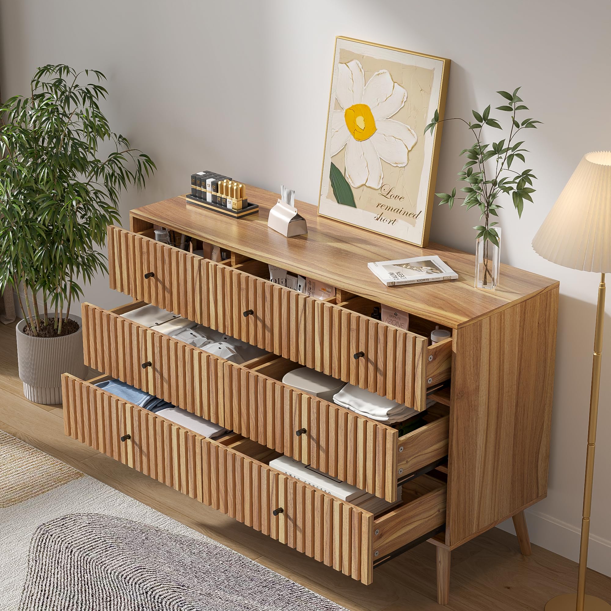 Fluted 7 Drawer Dresser with Black Handles