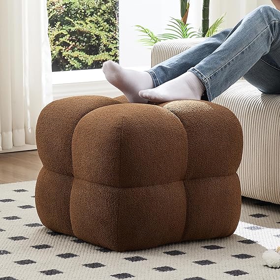 Square Teddy Fleece Ottoman Rust Brown