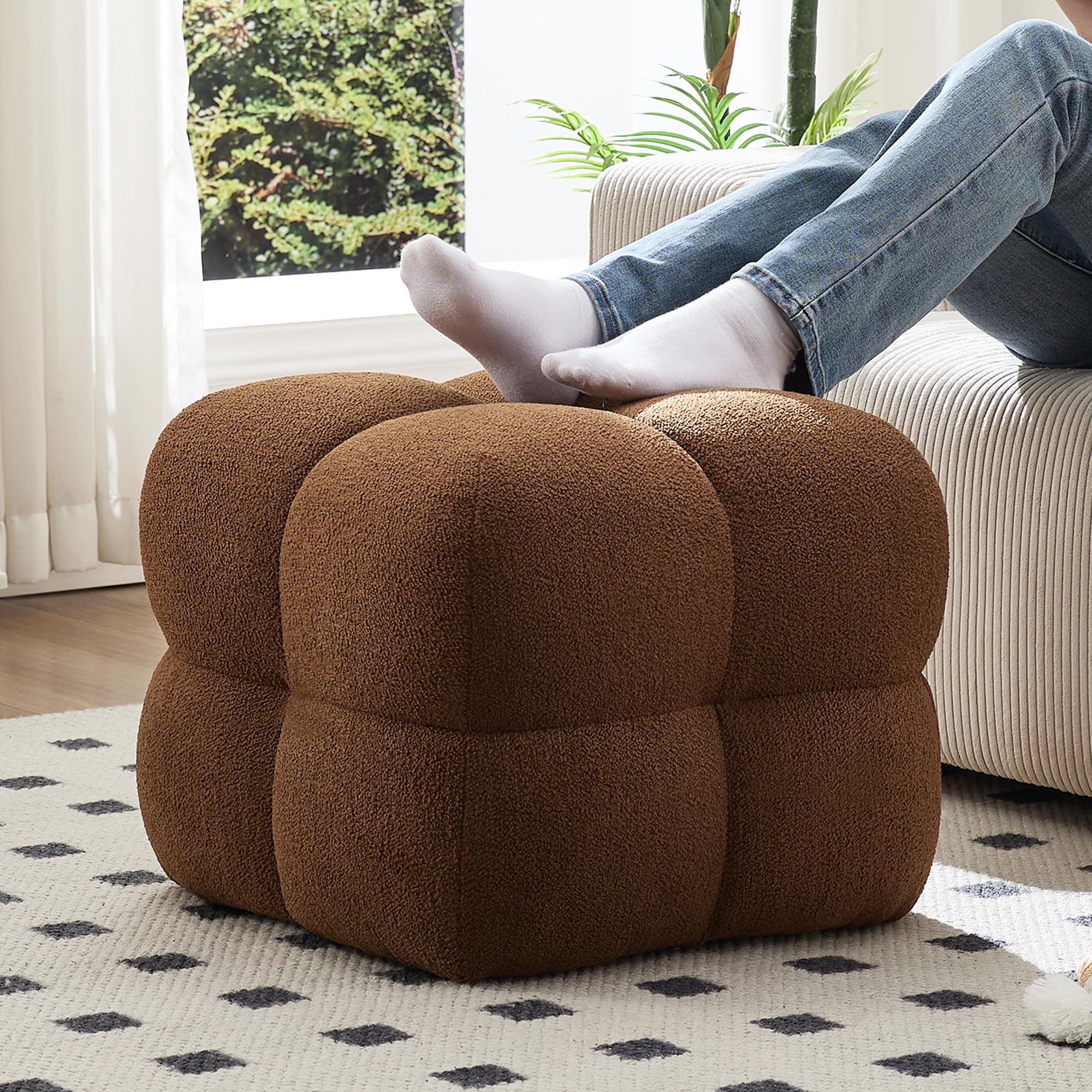 Square Teddy Fleece Ottoman Rust Brown