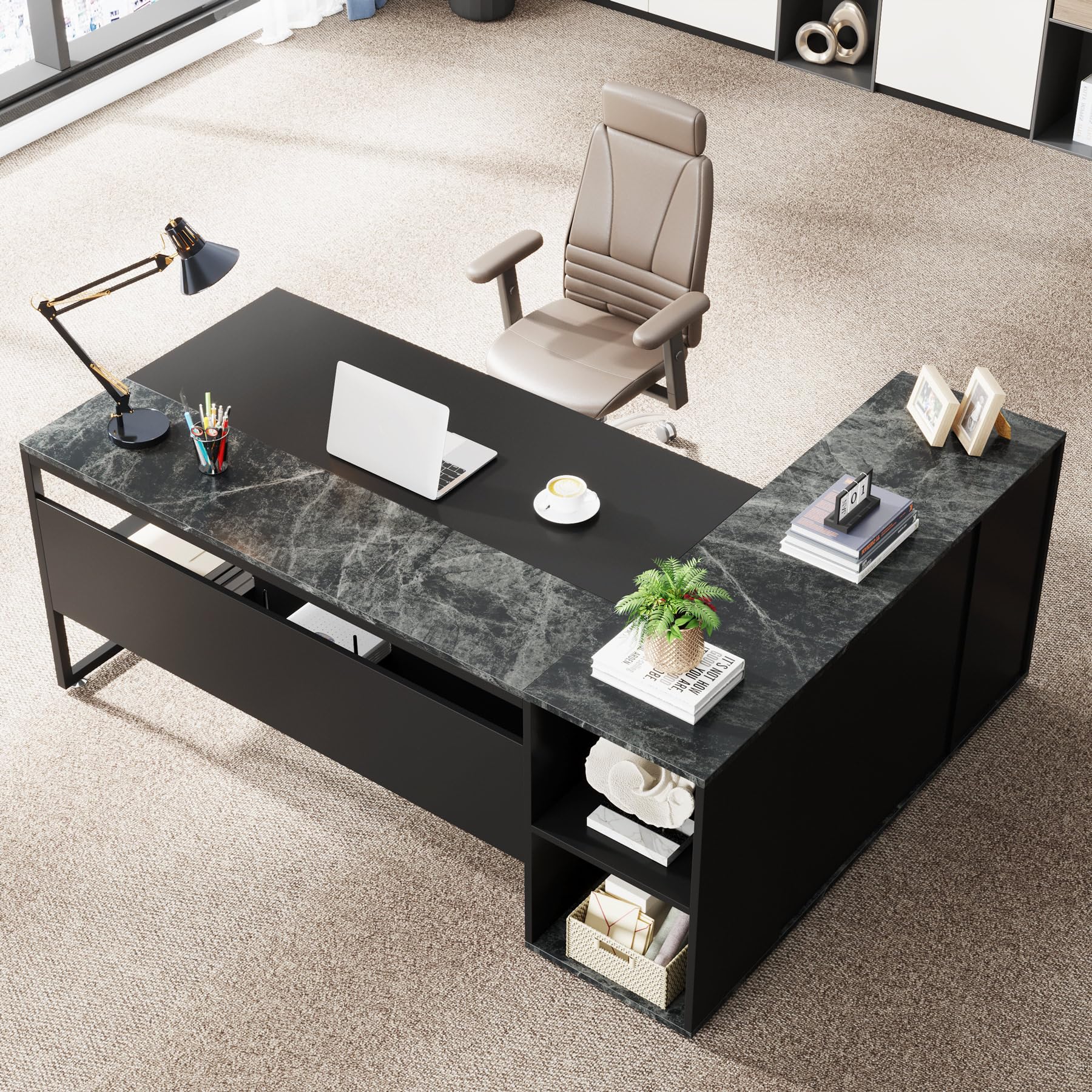 71 Inch L-Shaped Executive Desk with Cabinet Storage