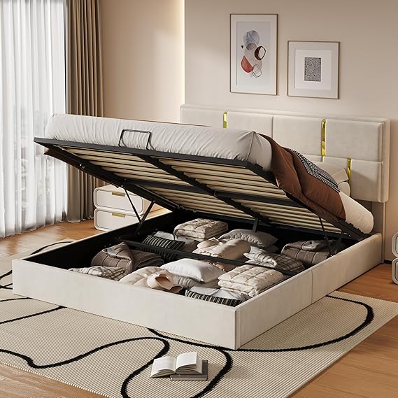 Queen Platform Bed with Hydraulic Storage and Ottoman