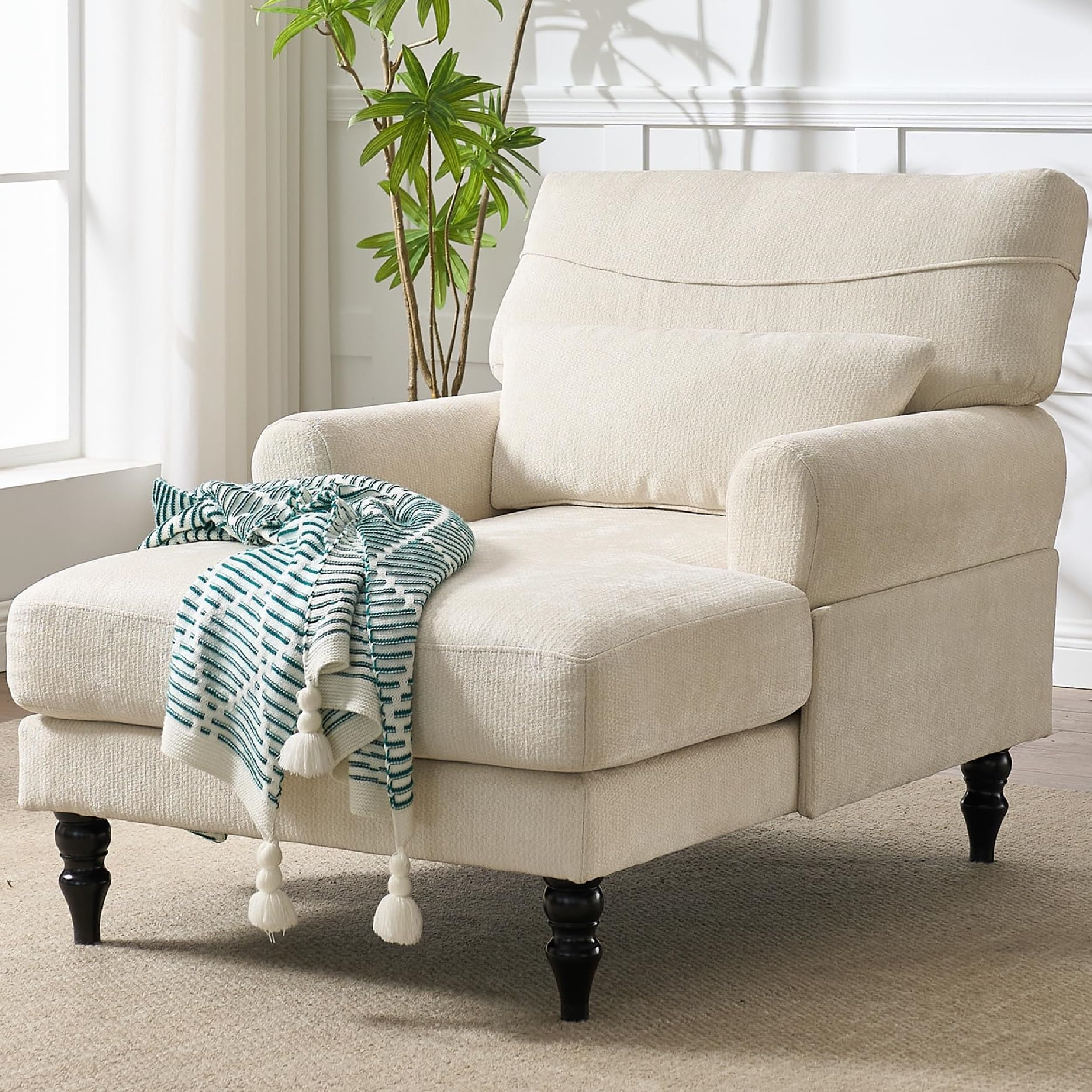 KEIKI Chaise Lounge Chair Indoor, Modern Leisure Sleeper Sofa Chair w/Double Deep Cushion, Accent Upholstered Reading Side Armchair, Recliner Arm Chairs for Living Room & Bedroom, Easy Assembly, White