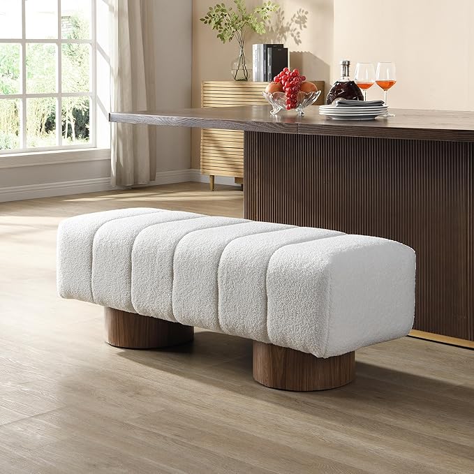 50" Chenille Dining Bench - Light Beige Ottoman Footstool