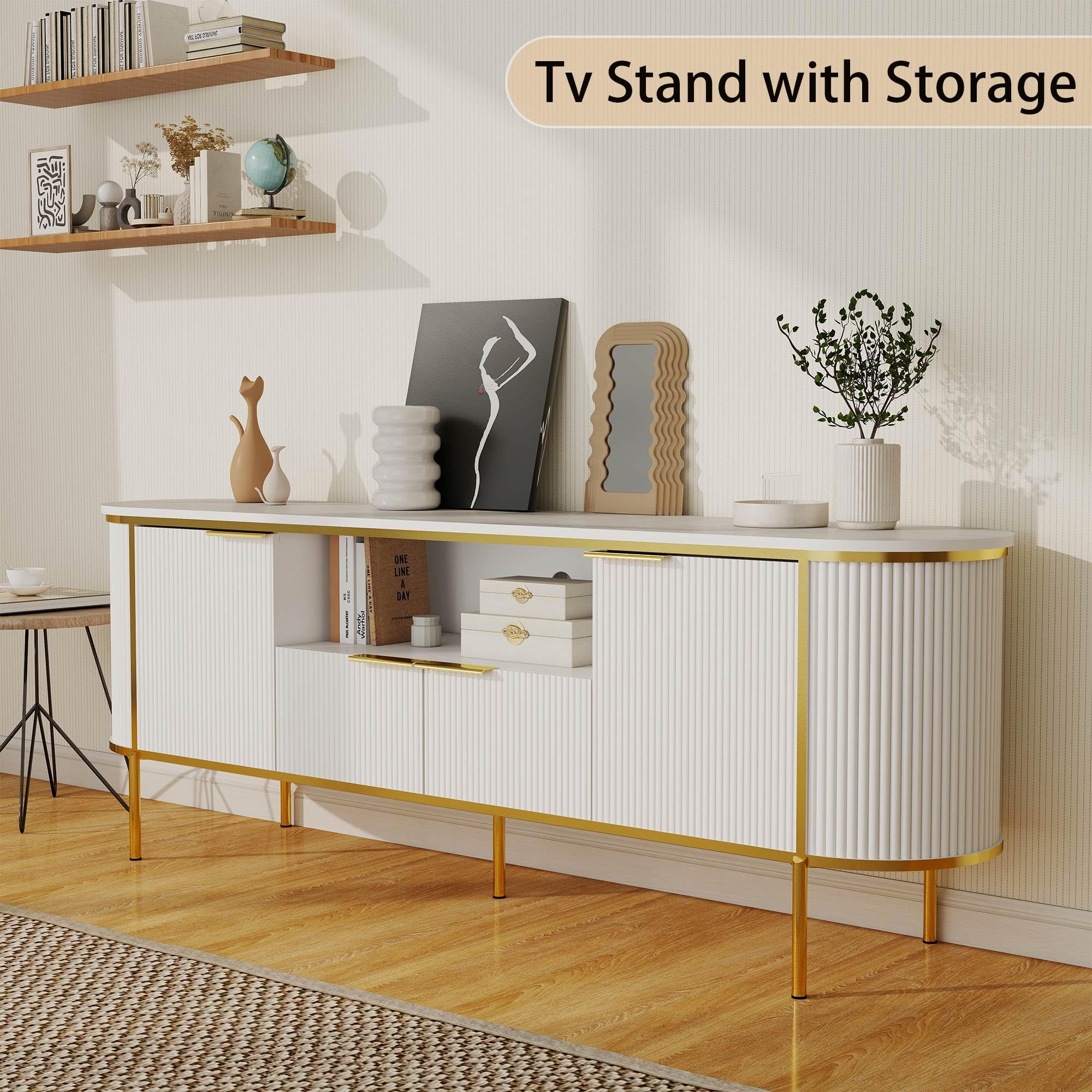 70" White Fluted TV Stand with Faux Marble Top