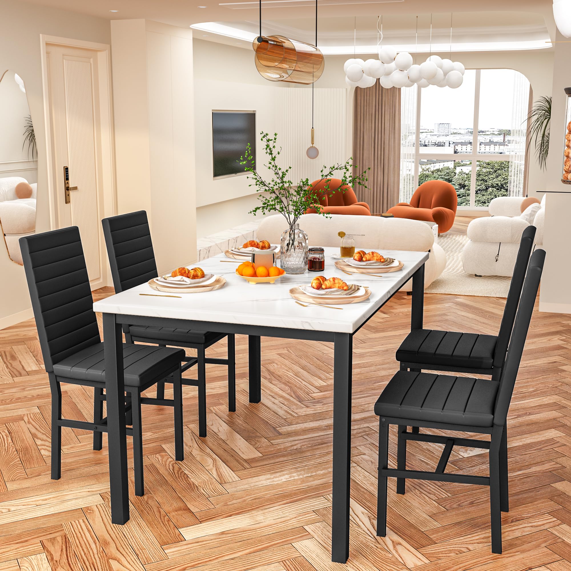 5-Piece Faux Marble Dining Table Set with 4 Upholstered Chairs