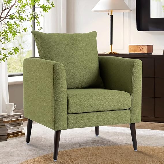 White Chenille Accent Chair with Wood Legs