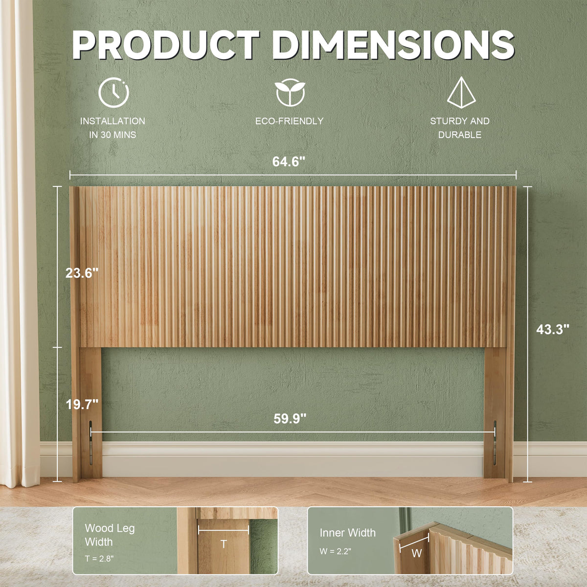 Wood Headboard Queen Size - 64.6" Wide Wall Mounted Fluted Panel