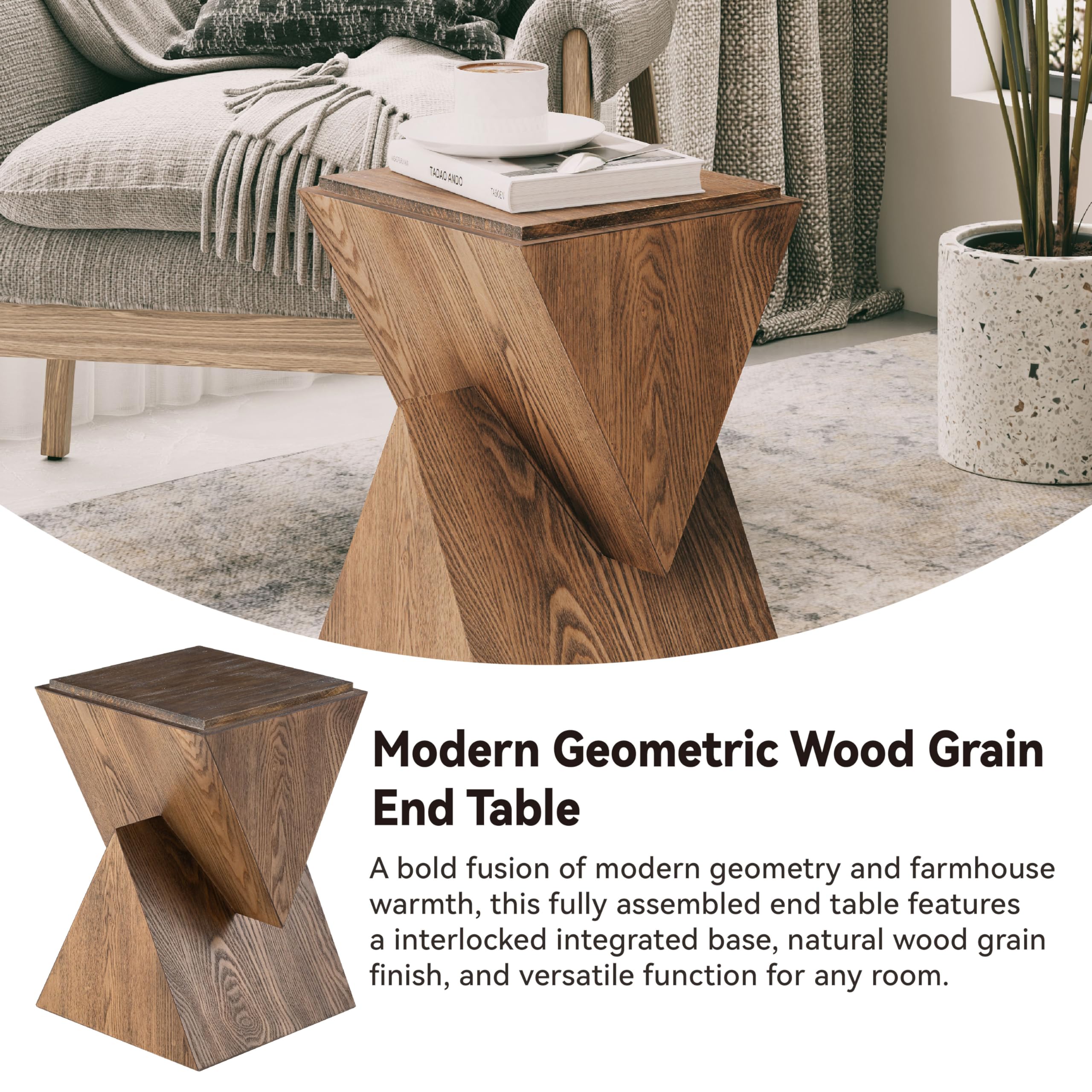 COZAYH Modern Geometric Wood Grain End Table with Structural Design, Farmhouse Side Table with Sculptural Pedestal Base for Living Room, Bedroom, Office, Fully Assembled (Natural)