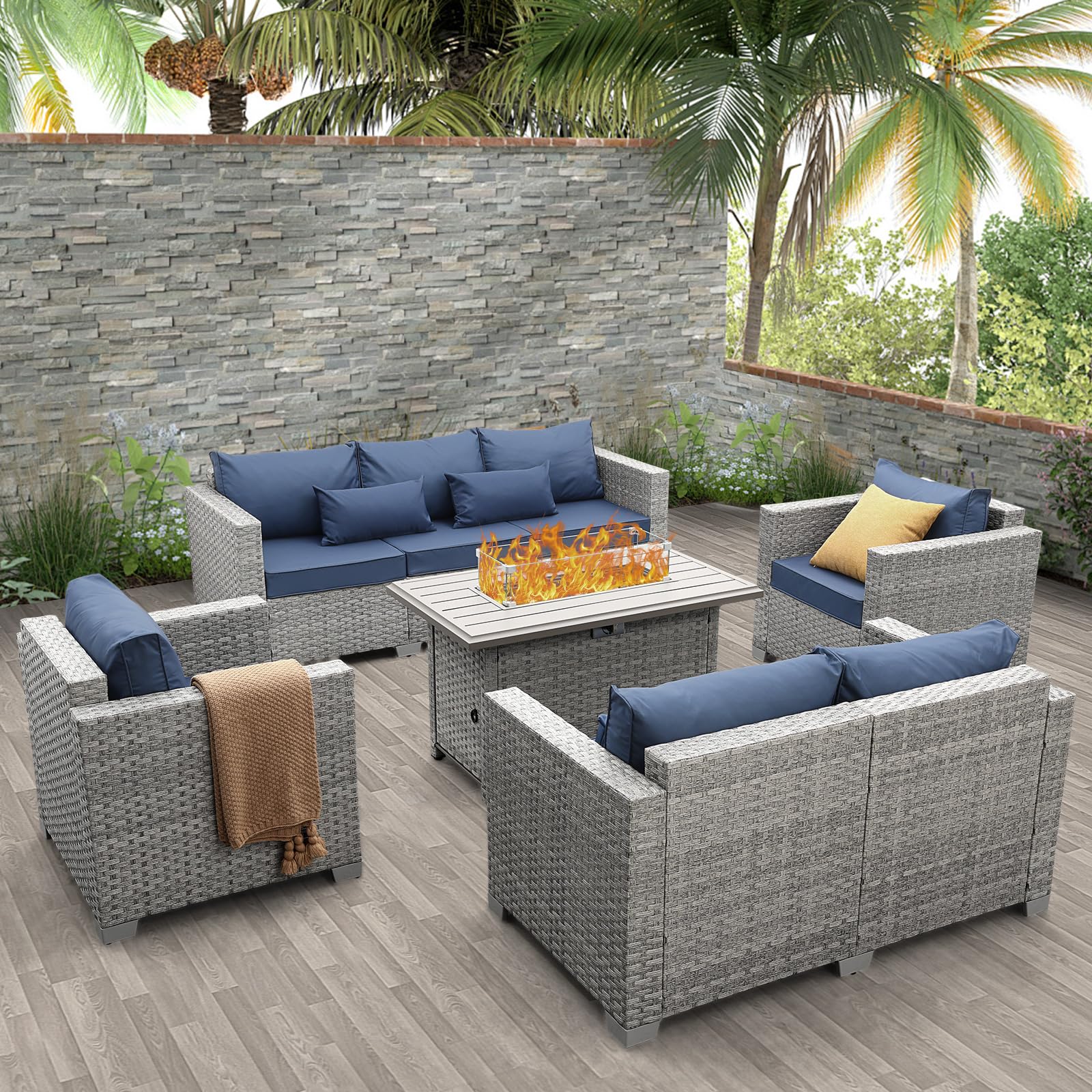 5-Piece Outdoor Sectional Sofa Set with Fire Pit Table
