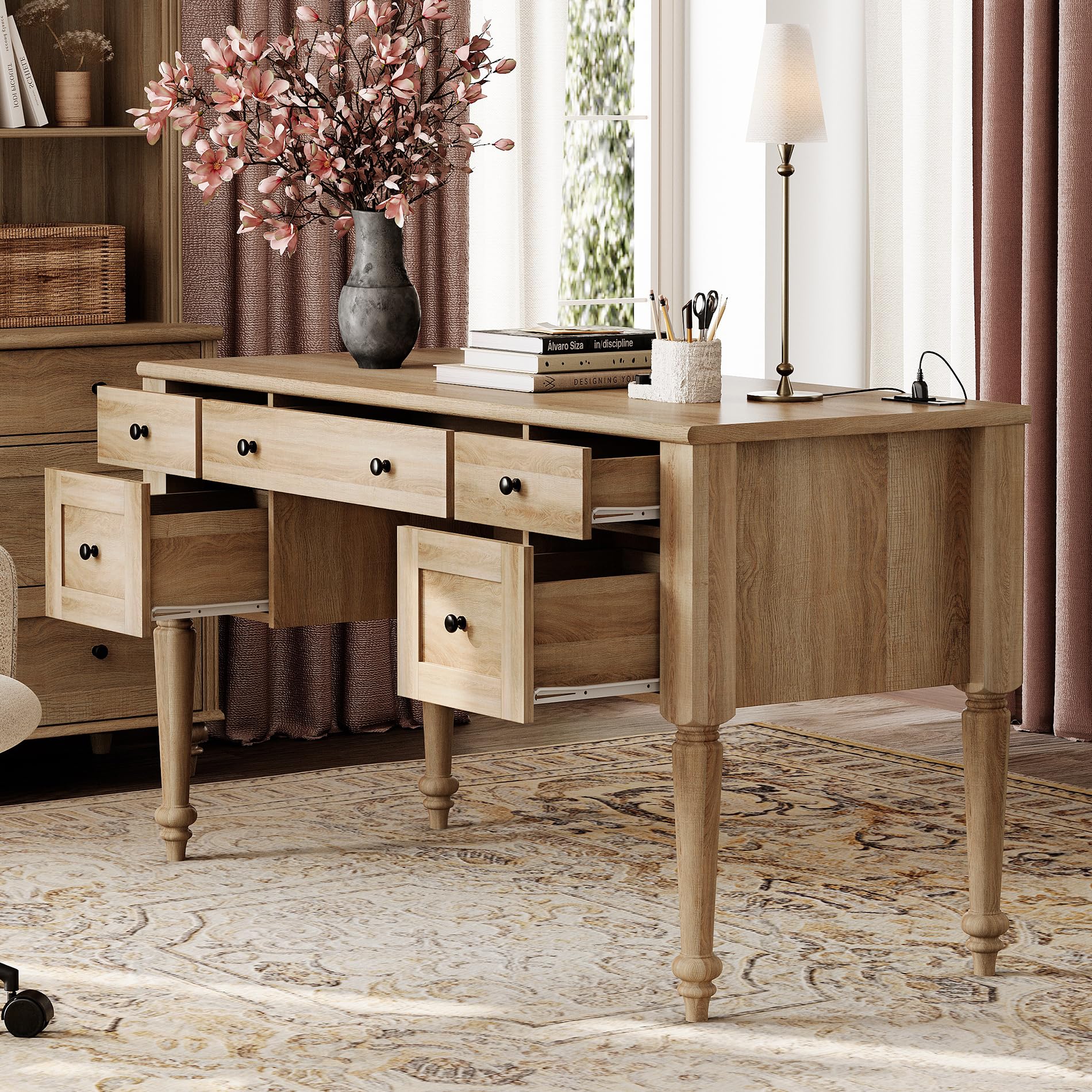 Farmhouse Executive Desk with 5 Drawers and Charging Station